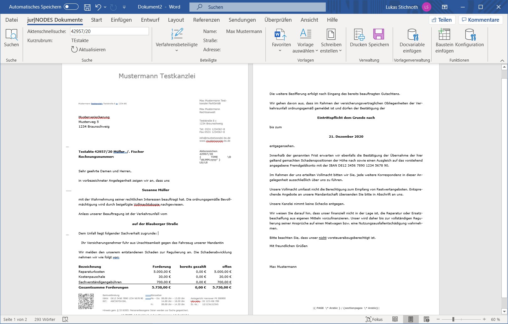 Screenshot eines erstellten Dokuments in Microsoft Word mit Briefkopf einer Textkanzlei