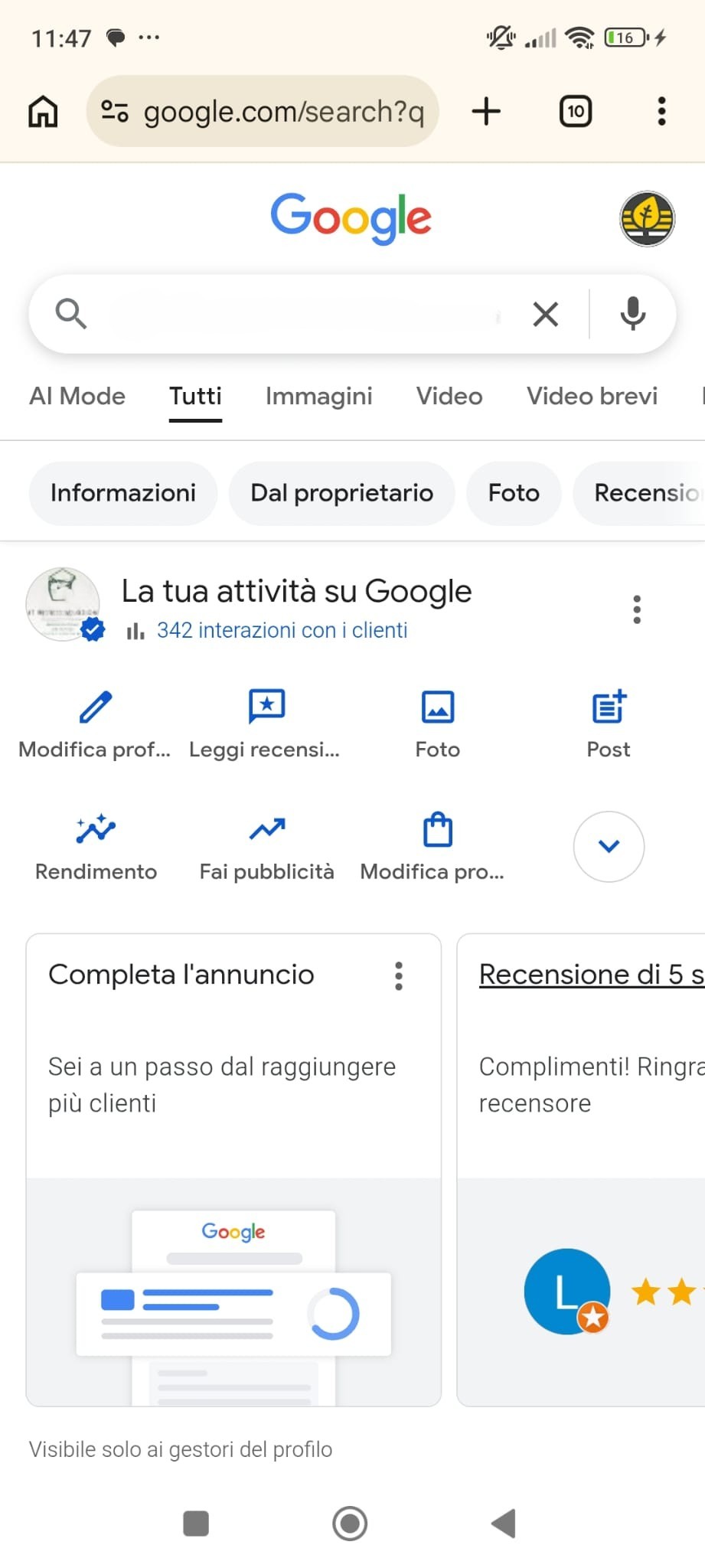screen di profilo attività di google con icone della schermata iniziale e carosello per completare informazioni profilo