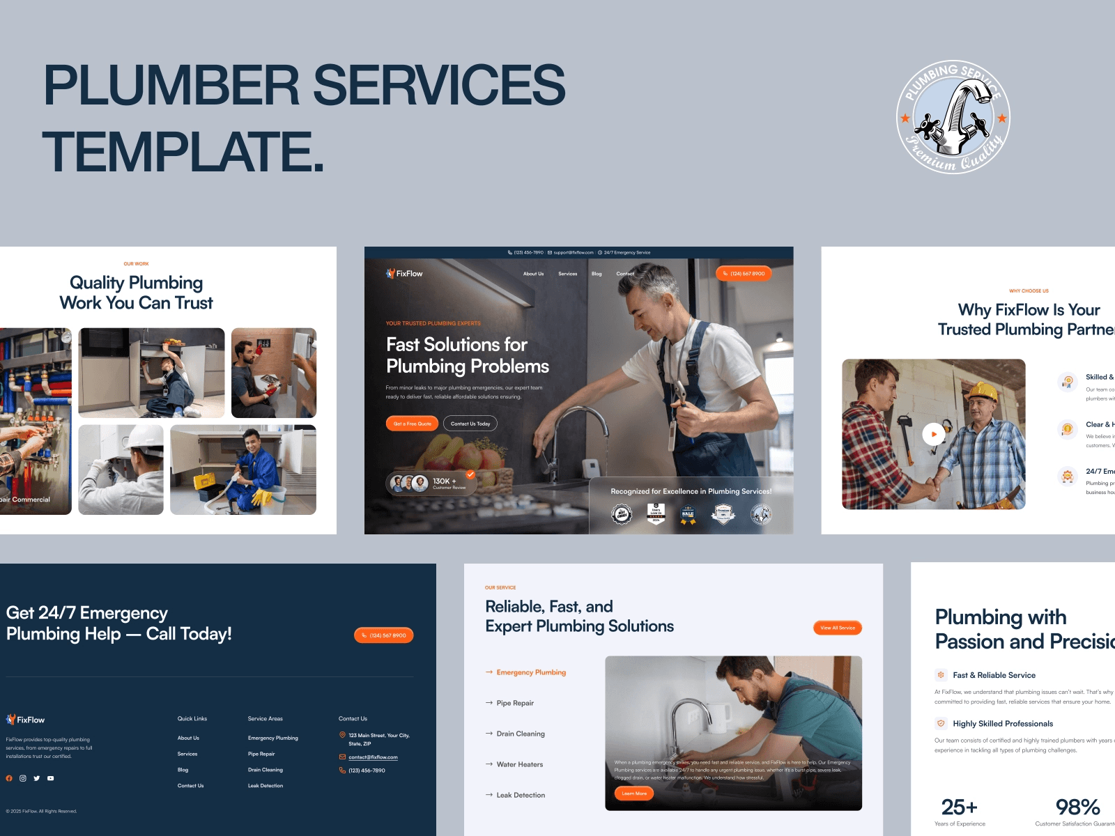  FixFlow plumbing website template featuring a plumber fixing a faucet and service overview screens.