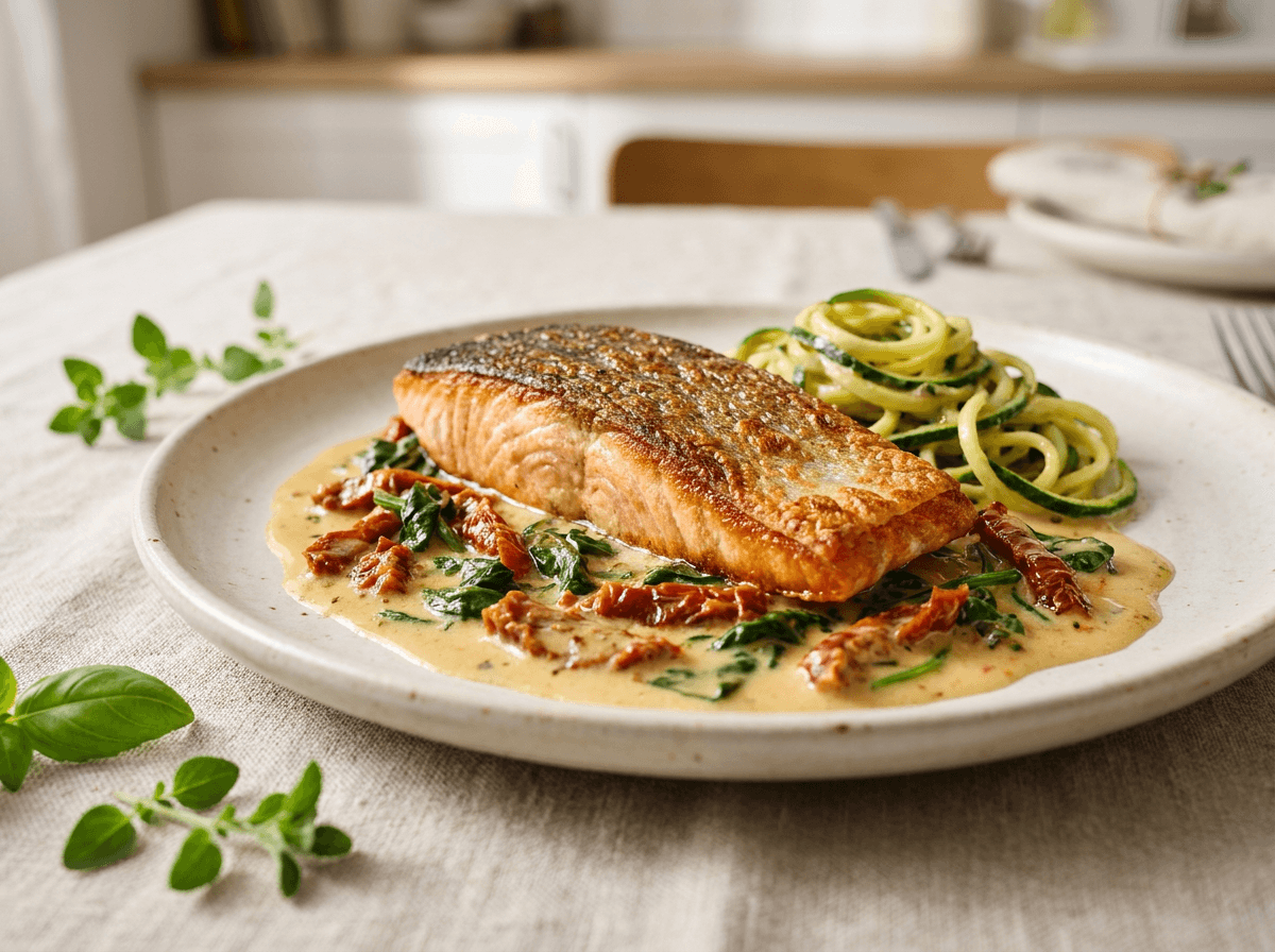 Creamy Tuscan salmon with zucchini noodles low carb dinner