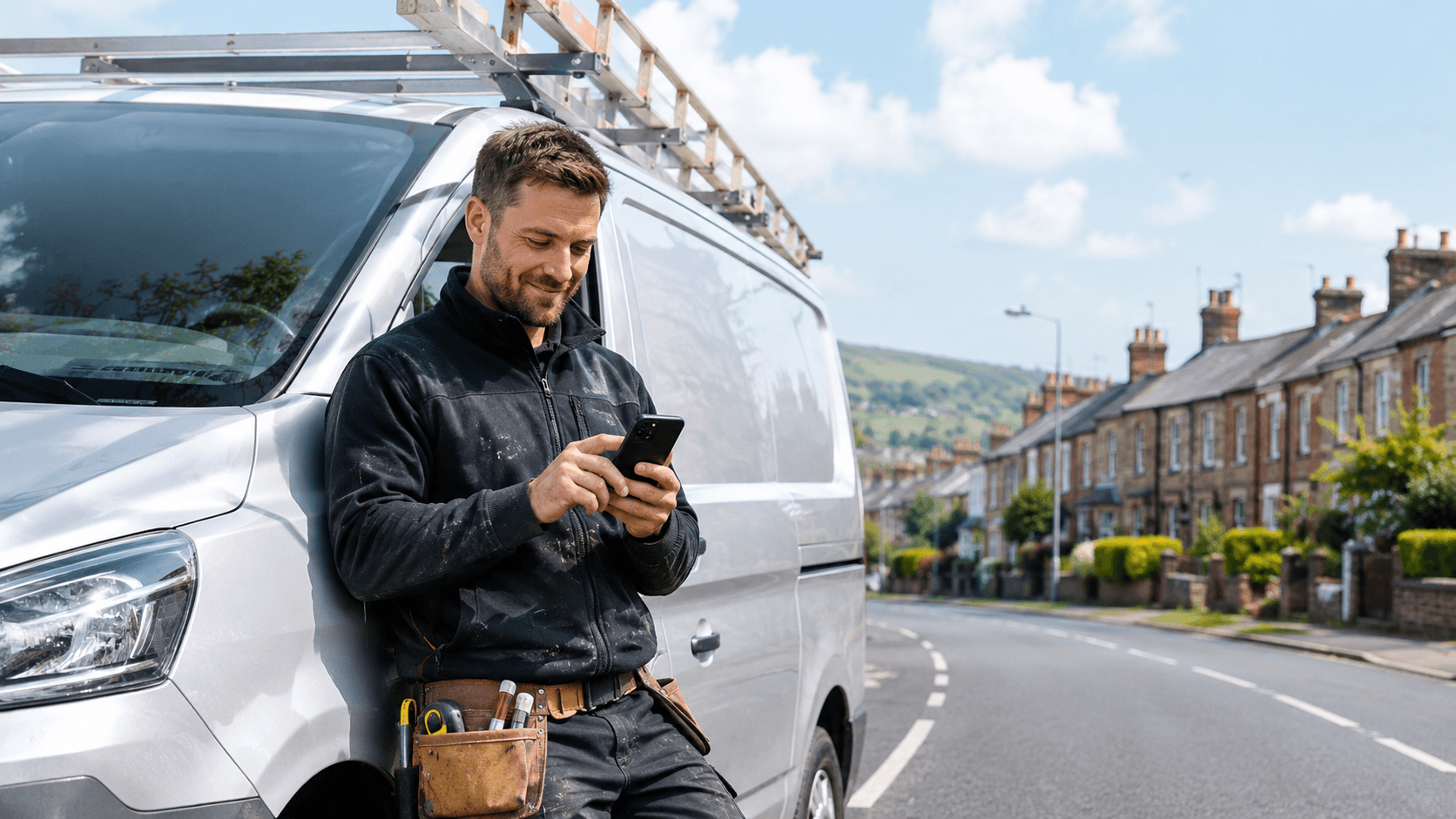 Tradesperson with a work van on a UK street checking their phone