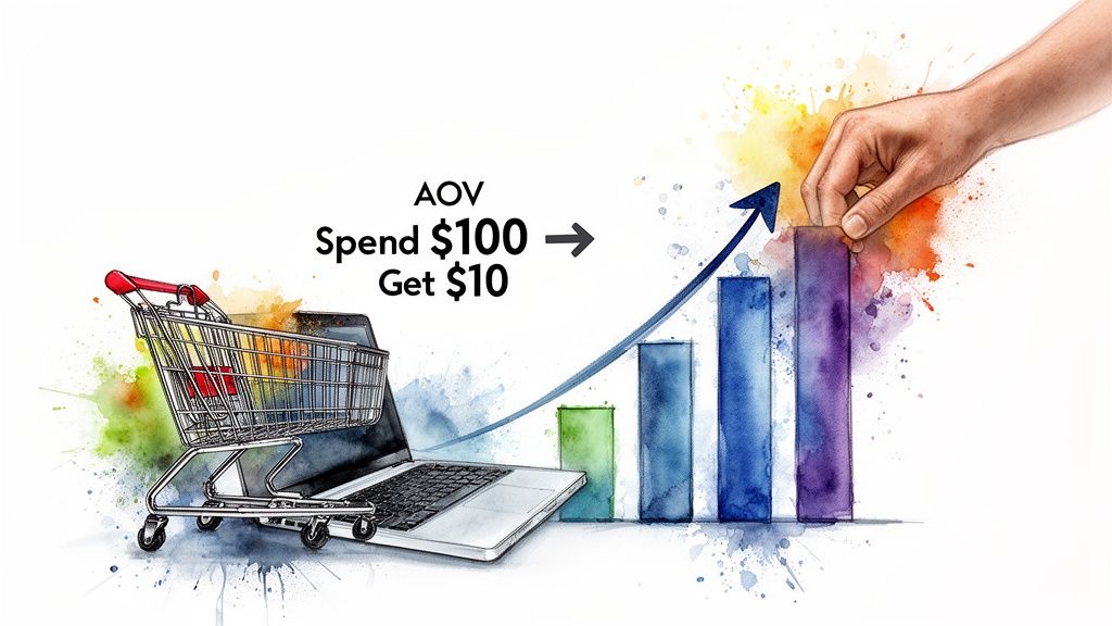 Online shopping cart, laptop, and AOV promotion 'Spend $100 Get $10' driving business growth.