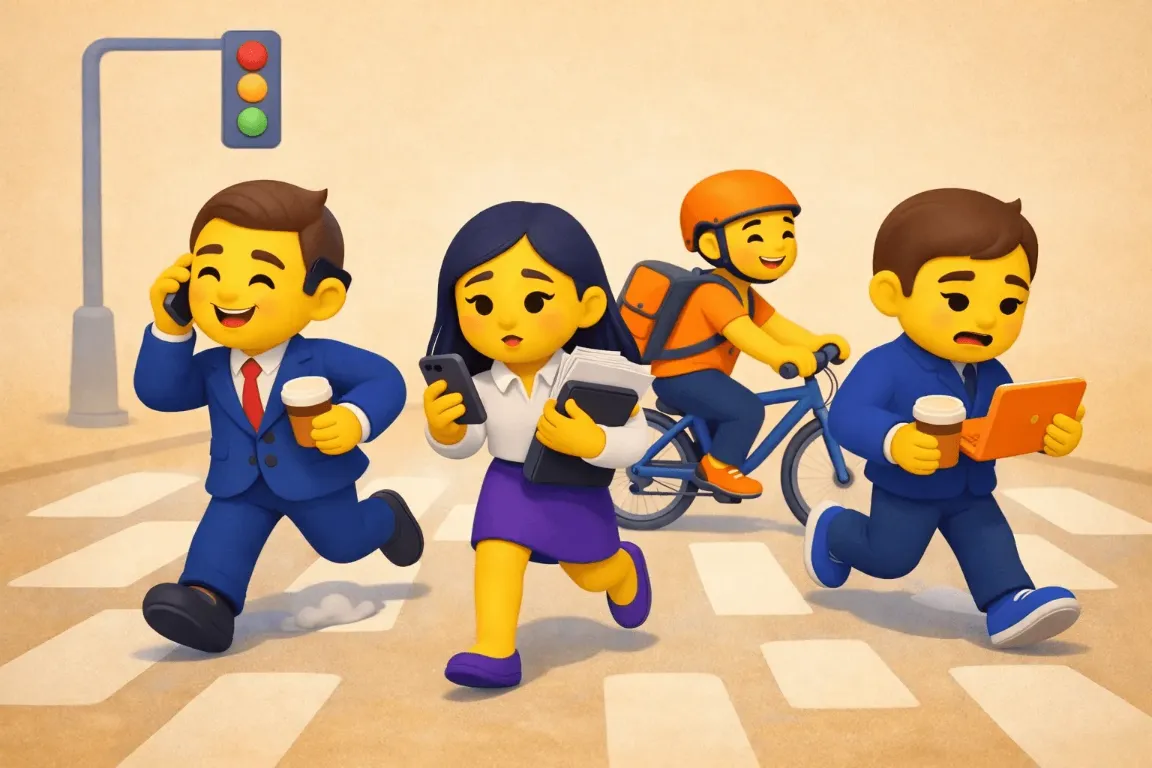 3D-иллюстрация в стиле emoji: люди спешат по городскому переходу, символ городской суеты и ритма дня — обложка статьи о биоритмах человека