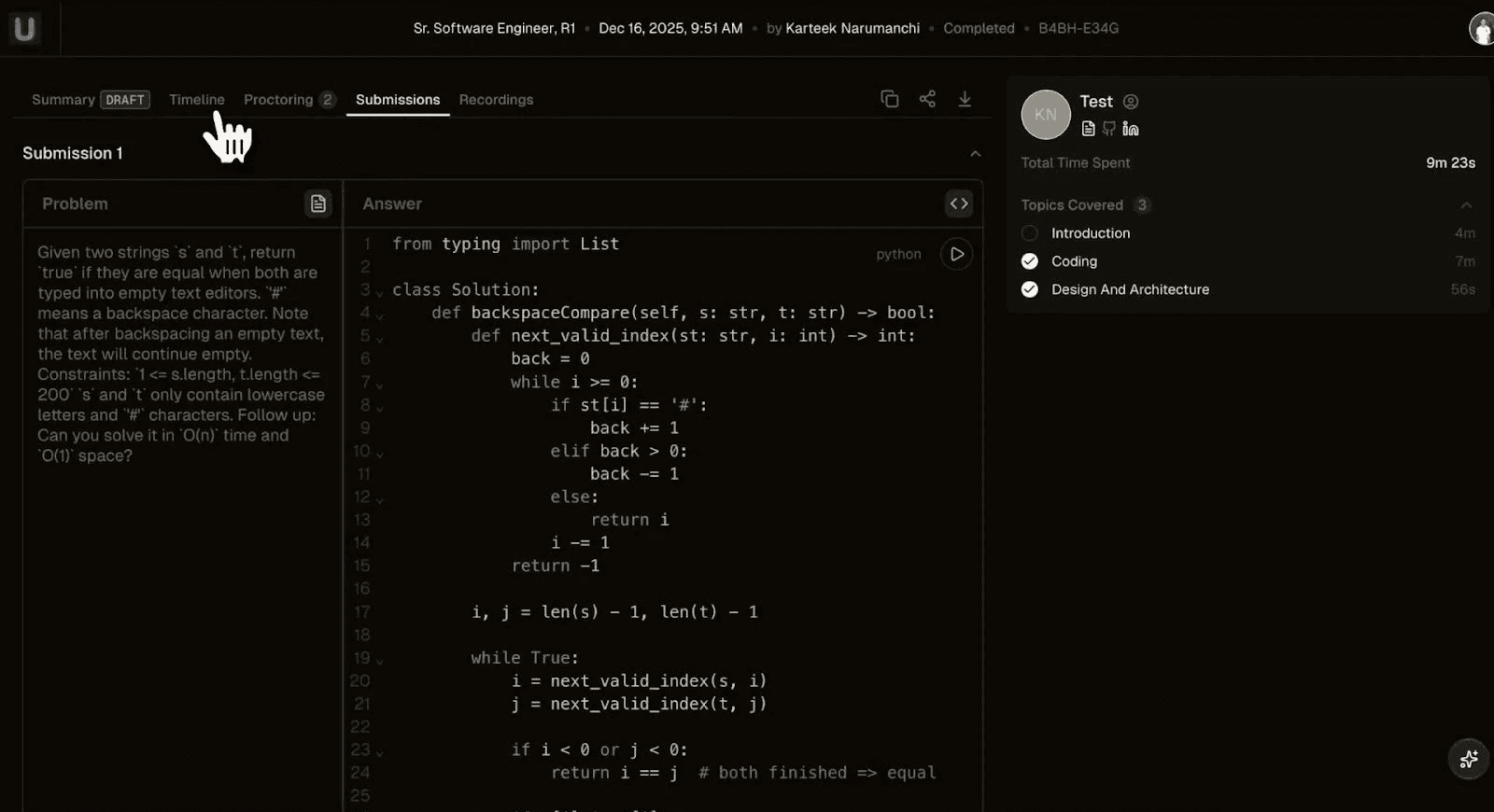 Submissions tab with code review