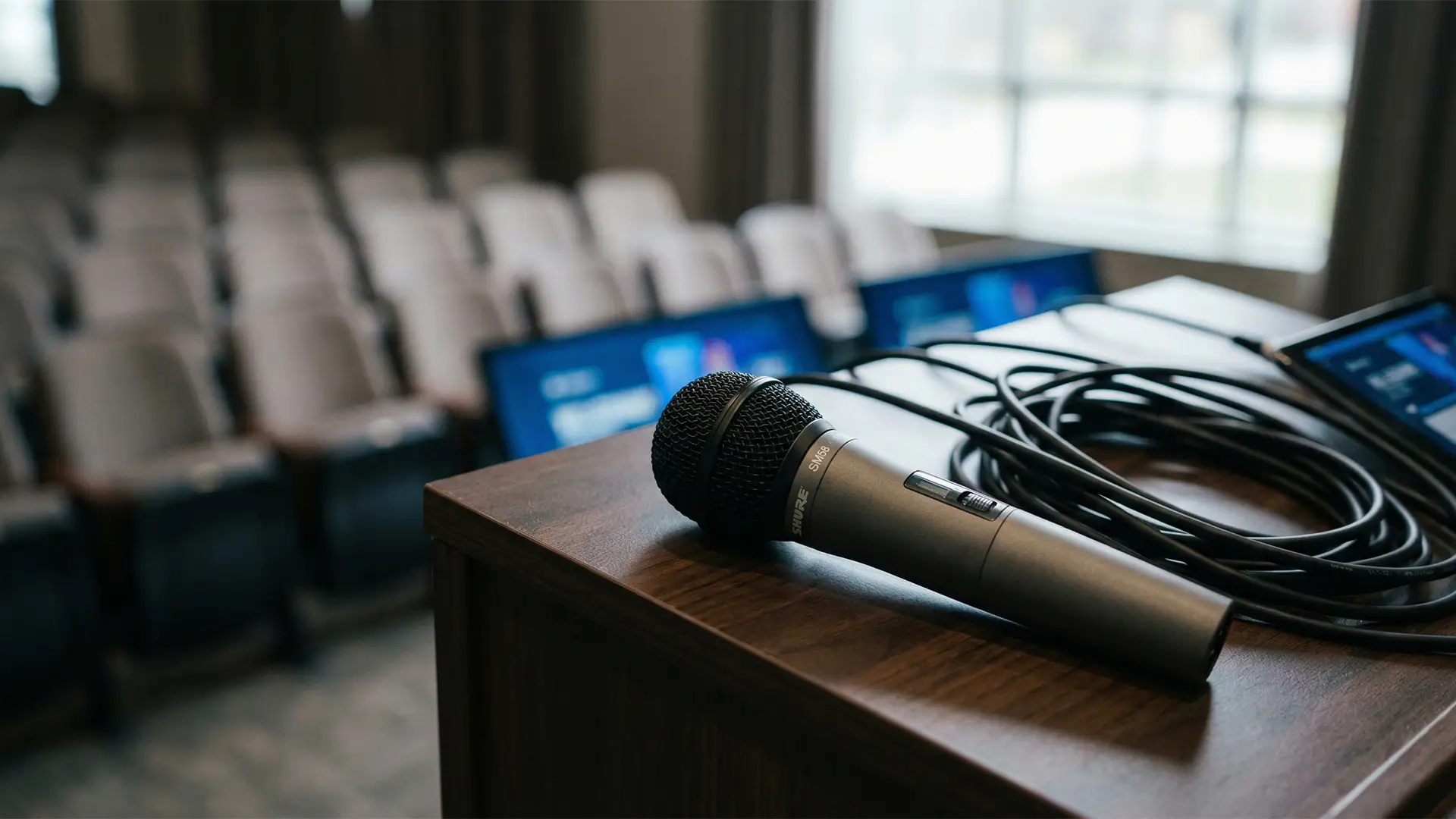 Close-up of a handheld microphone resting on a lectern in an empty town hall auditorium, with seating and presentation screens softly out of focus in the background.