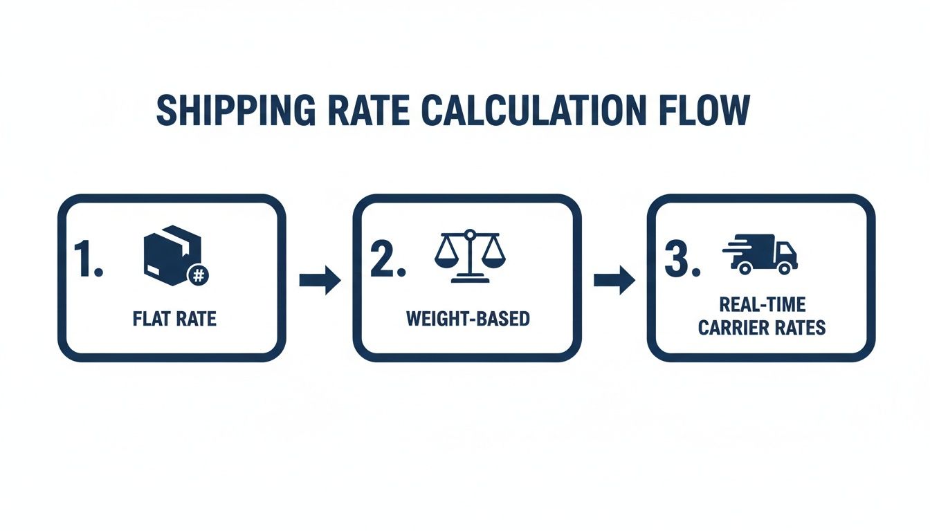 A shipping rate calculation flow diagram illustrating three steps: flat rate, weight-based, and real-time carrier rates.