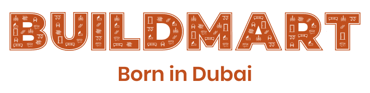 Buildmart logo: The word "Buildmart" in white letters filled with small construction icons, on an orange background. Below it says "Born in Dubai".