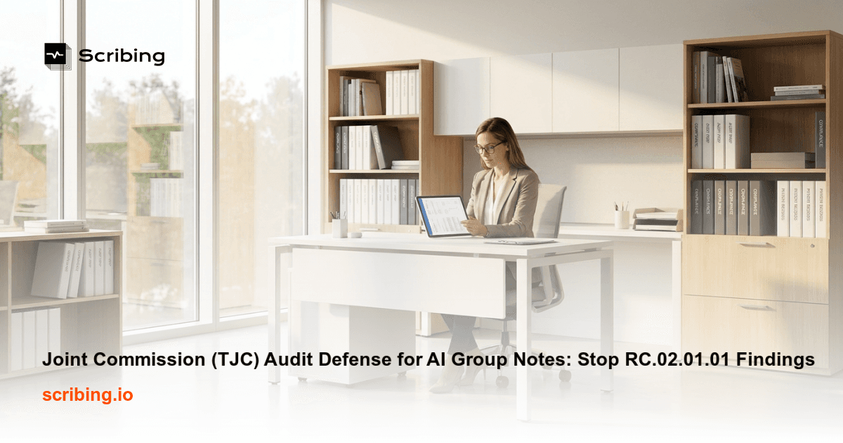 Compliance officer reviewing AI-generated group therapy documentation with speaker diarization audio tracks for Joint Commission audit defense