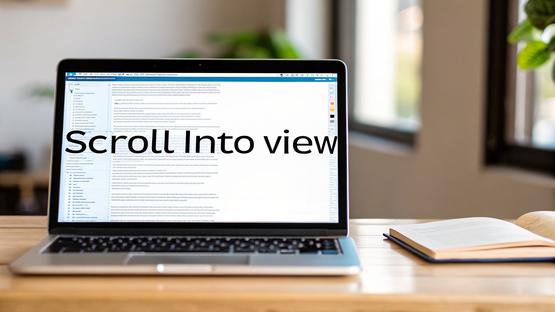 A laptop on a wooden desk with 'Scroll Into view' text on its screen, beside an open book.