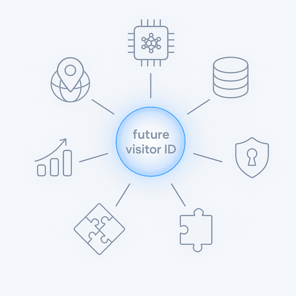 Six-pillar visitor ID evaluation framework with icons orbiting a central core