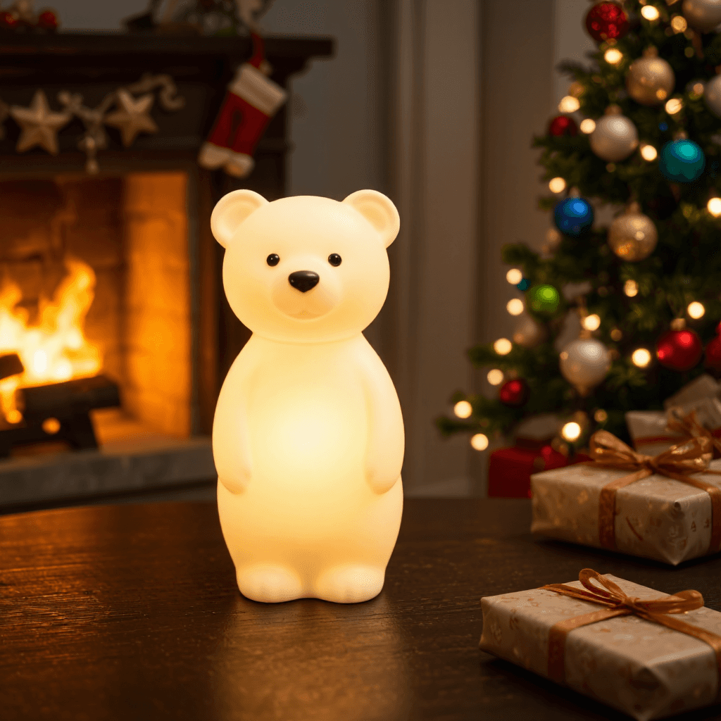 product photography of a decorative night light in the shape of a bear