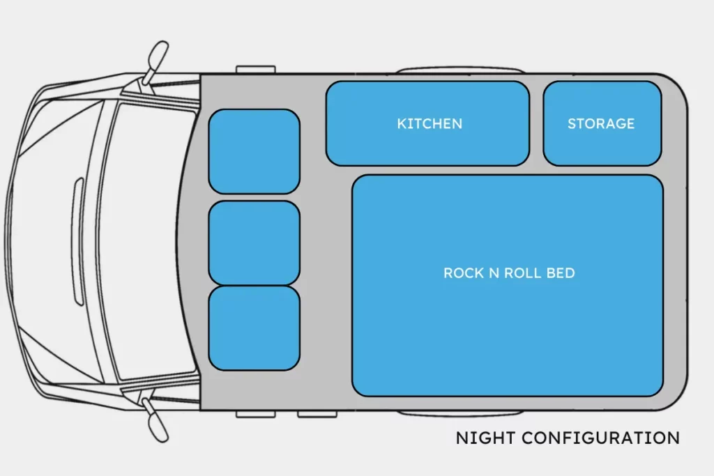 Night time configuration for a conventional VW transporter camper van layout