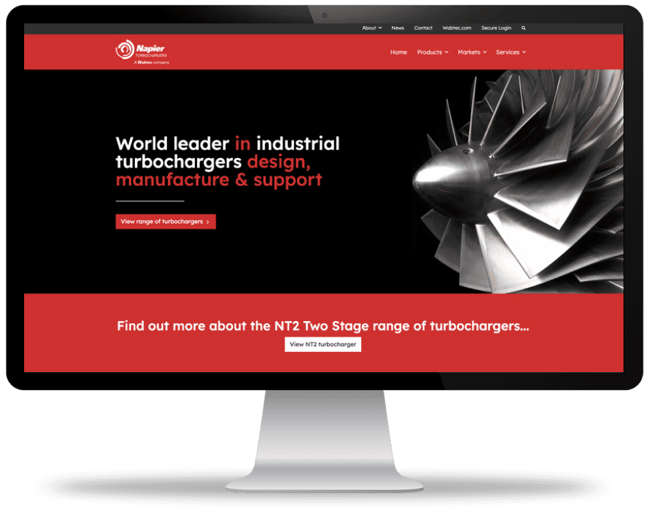 Desktop computer screen displaying the Napier Turbochargers ebsite homepage