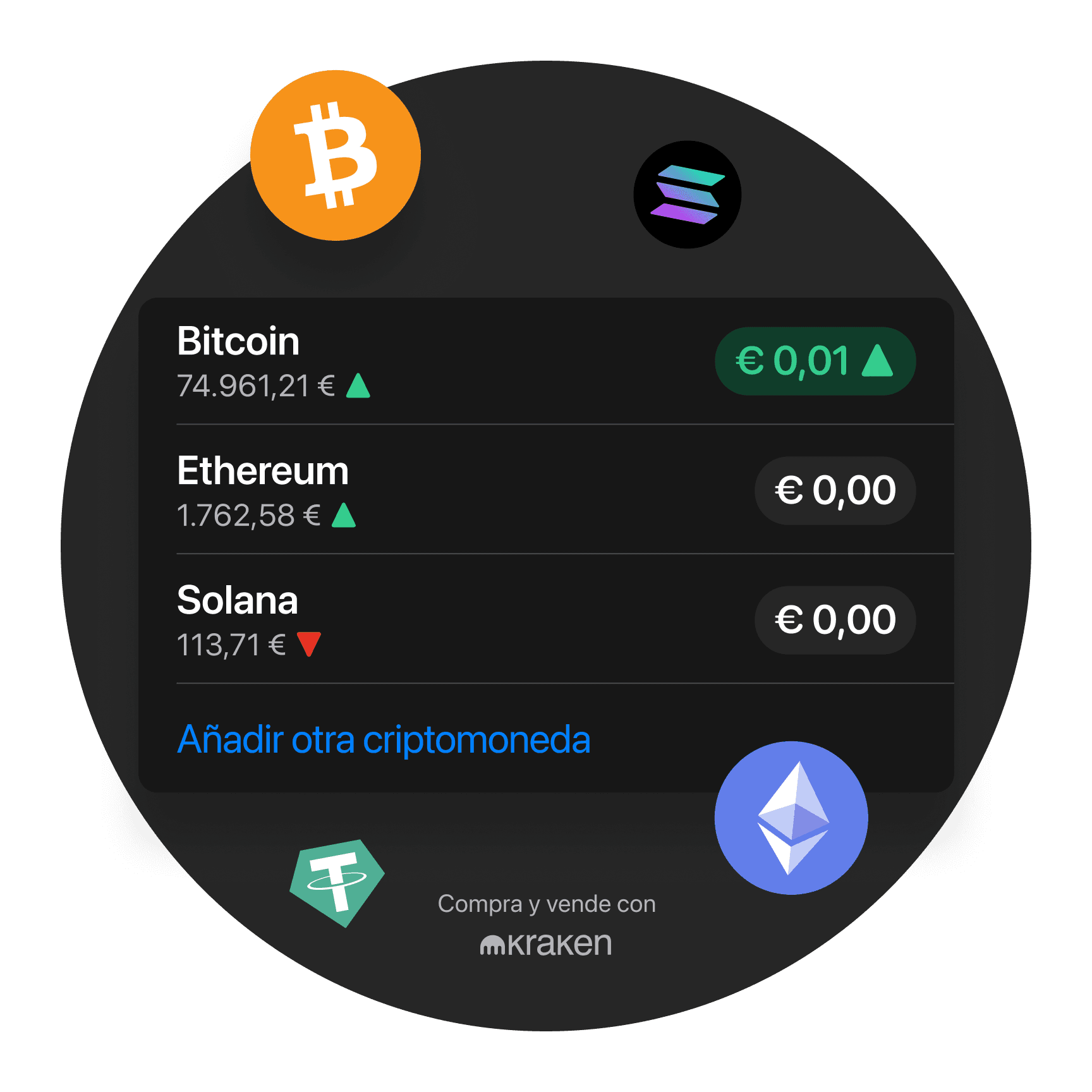 Una pantalla digital muestra los precios actuales de Bitcoin, Ethereum y Solana, junto con sus tendencias de mercado.