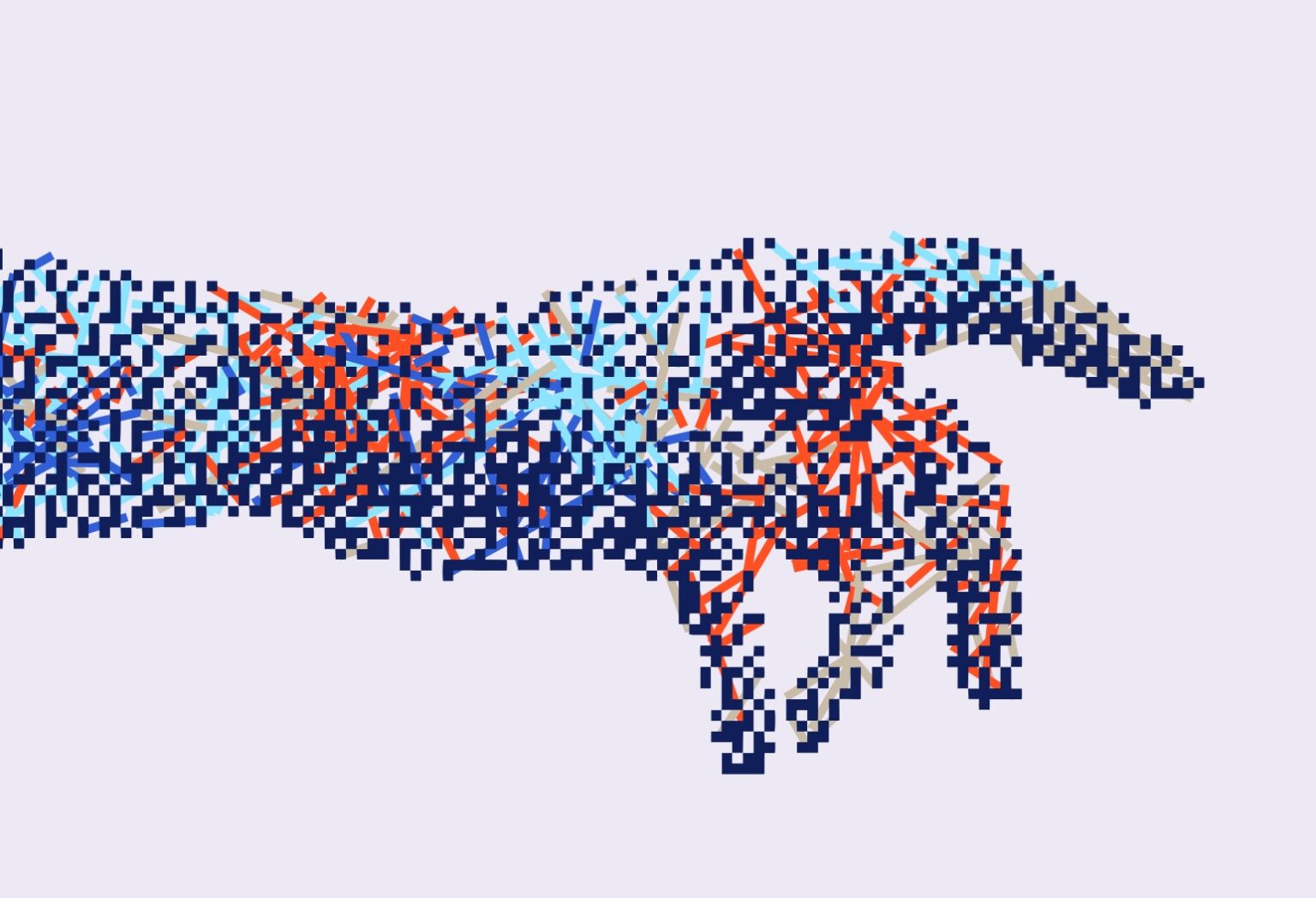 Gepixelde hand in grijze, oranje, donkerblauwe en lichtblauwe blokjes/lijnen, tegen een lila achtergrond. De vingers zijn ...