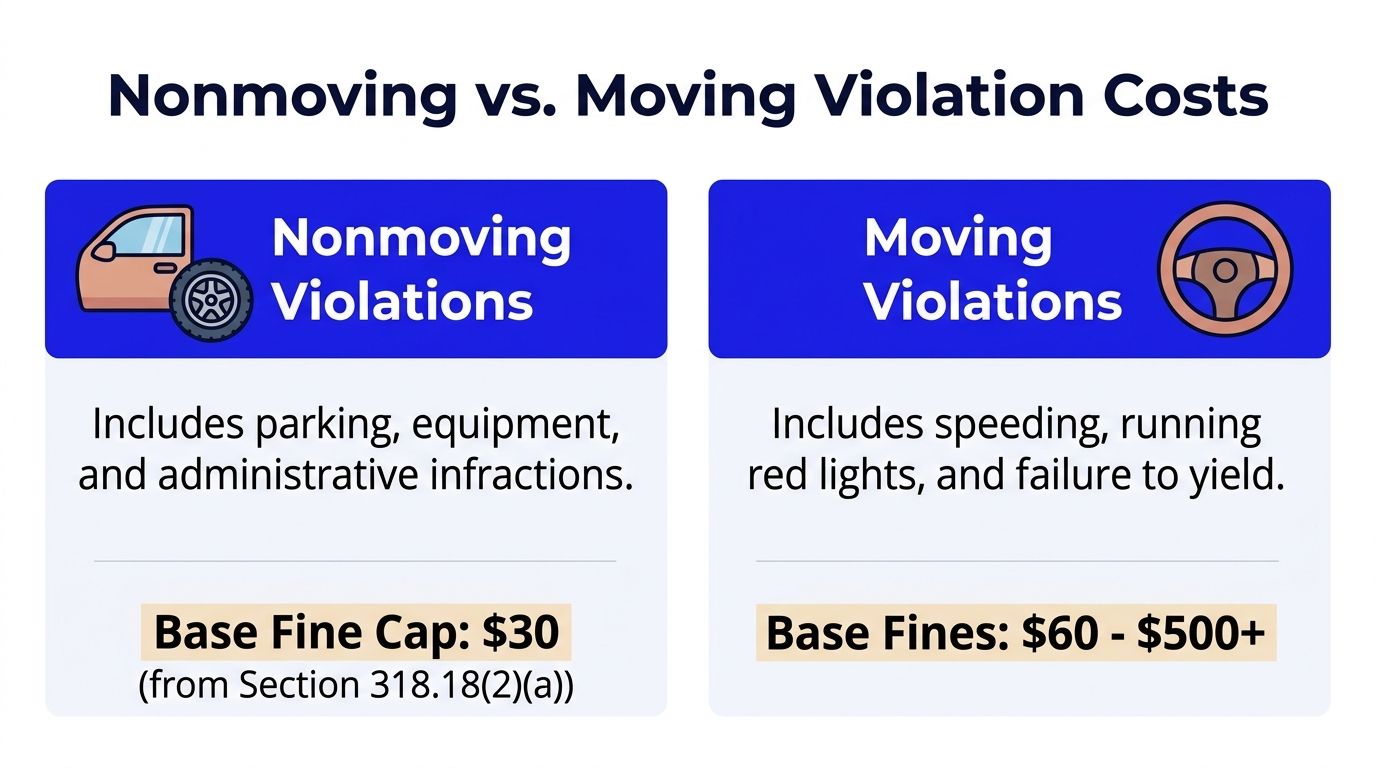 A comparison chart showing base fine differences between nonmoving violations and moving violations for traffic infractions.