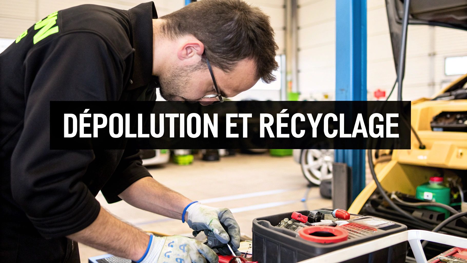 Un mécanicien en gants travaille sur un véhicule dans un garage, avec le texte 'Dépollution et Recyclage' superposé.