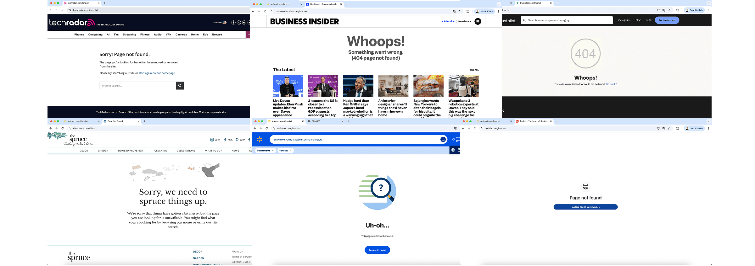 The image shows a list of /llms.txt pages from companies like Reddit, Wikipedia, and Trustpilot, all returning 404 errors.