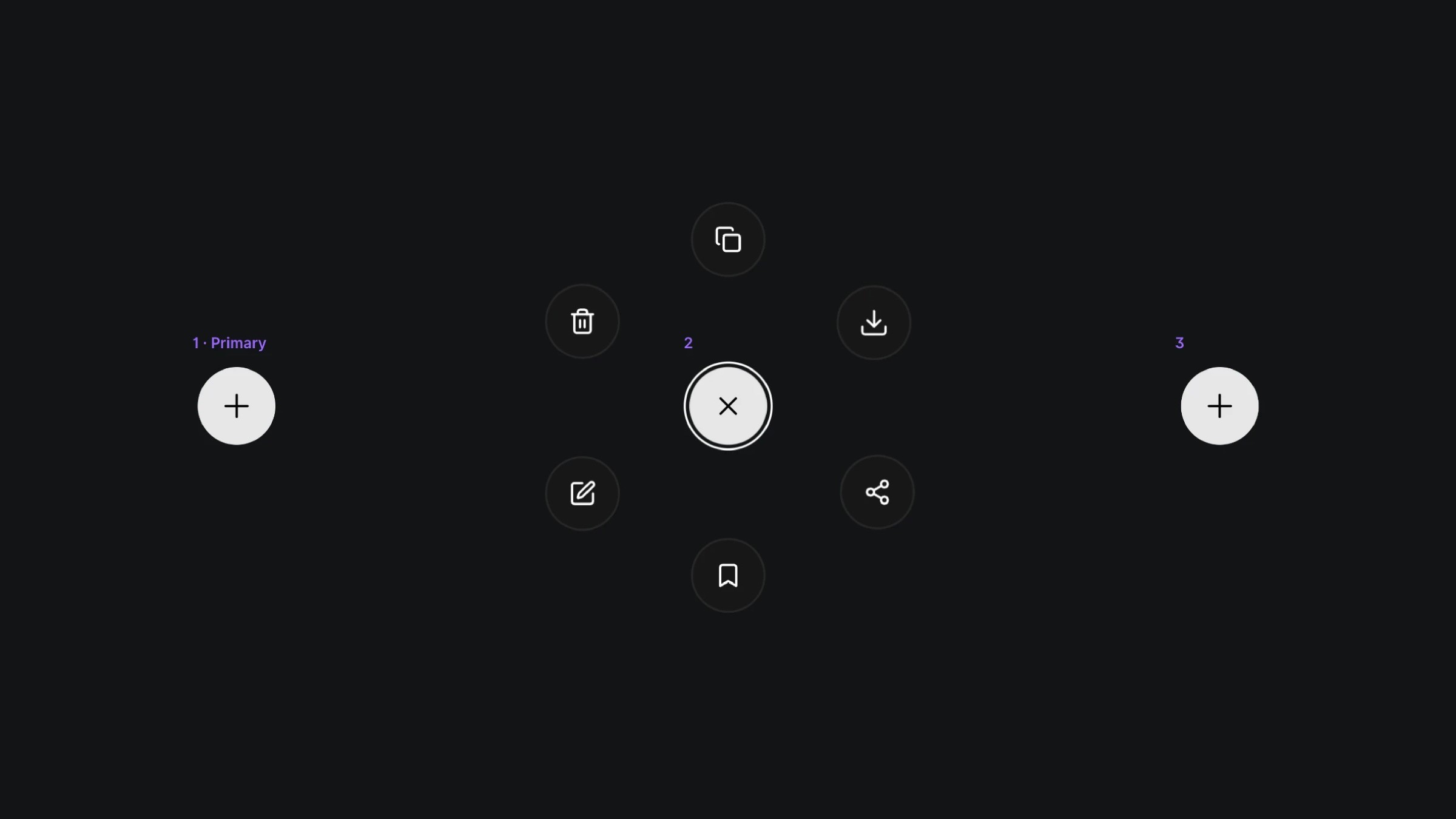Radial menu component showing three interaction state variants