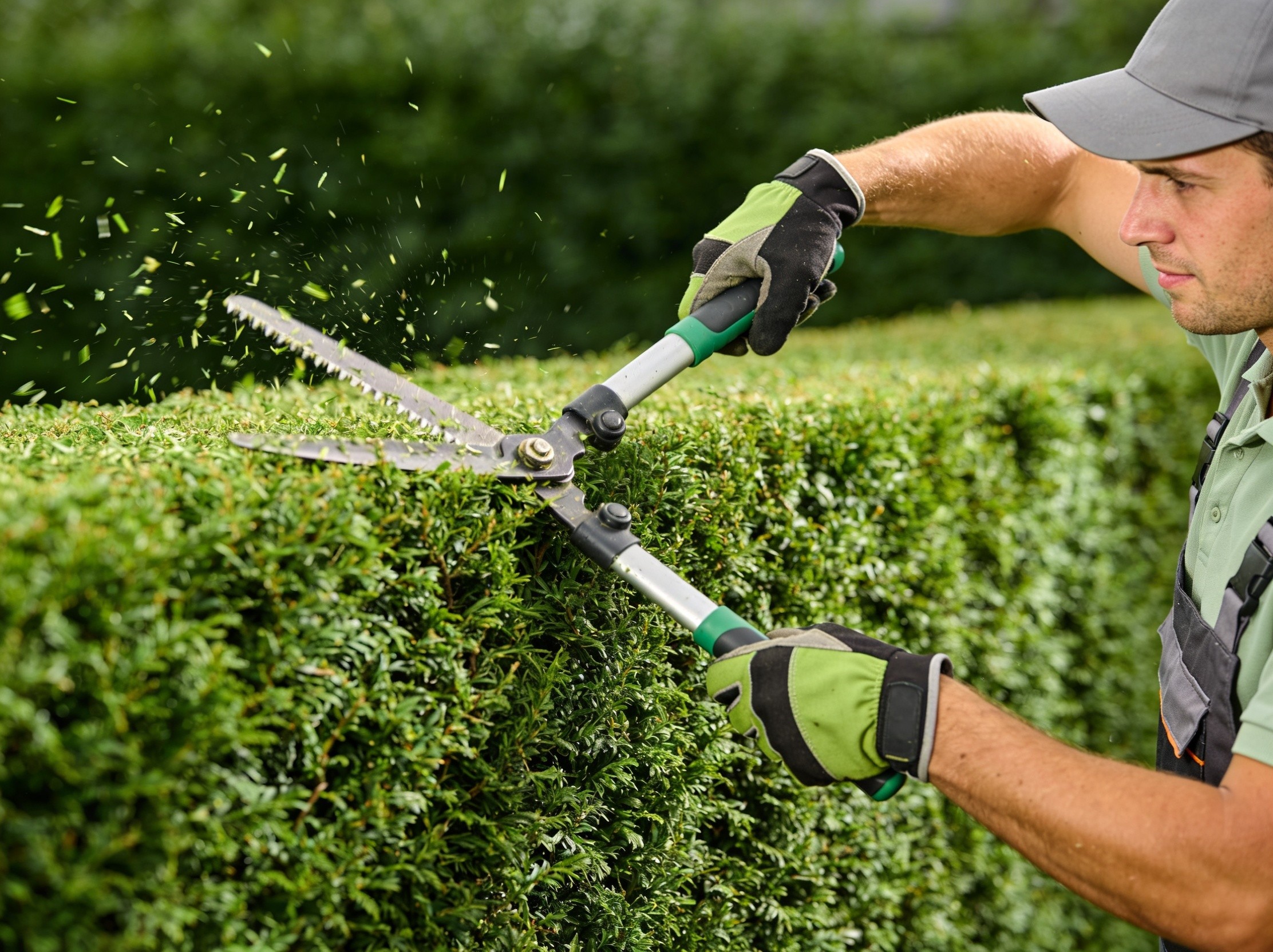 Gardener trimming a tall hedge with hedge shears, clippings flying