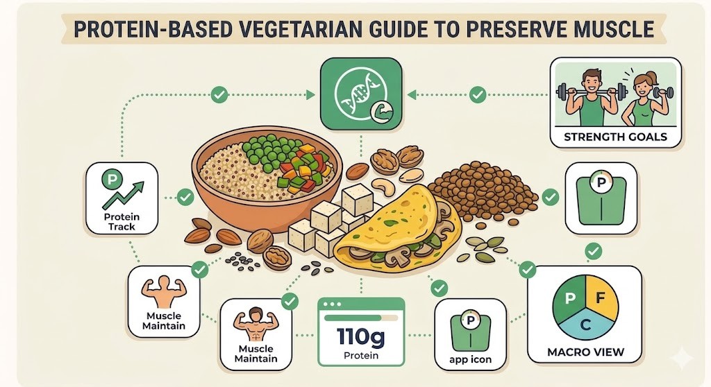 An infographic illustration titled "Protein-Based Vegetarian Guide to Preserve Muscle," featuring vegetarian protein sources like quinoa, lentils, tofu, nuts, and a mushroom omelet, with icons and a "110g Protein" goal for tracking.