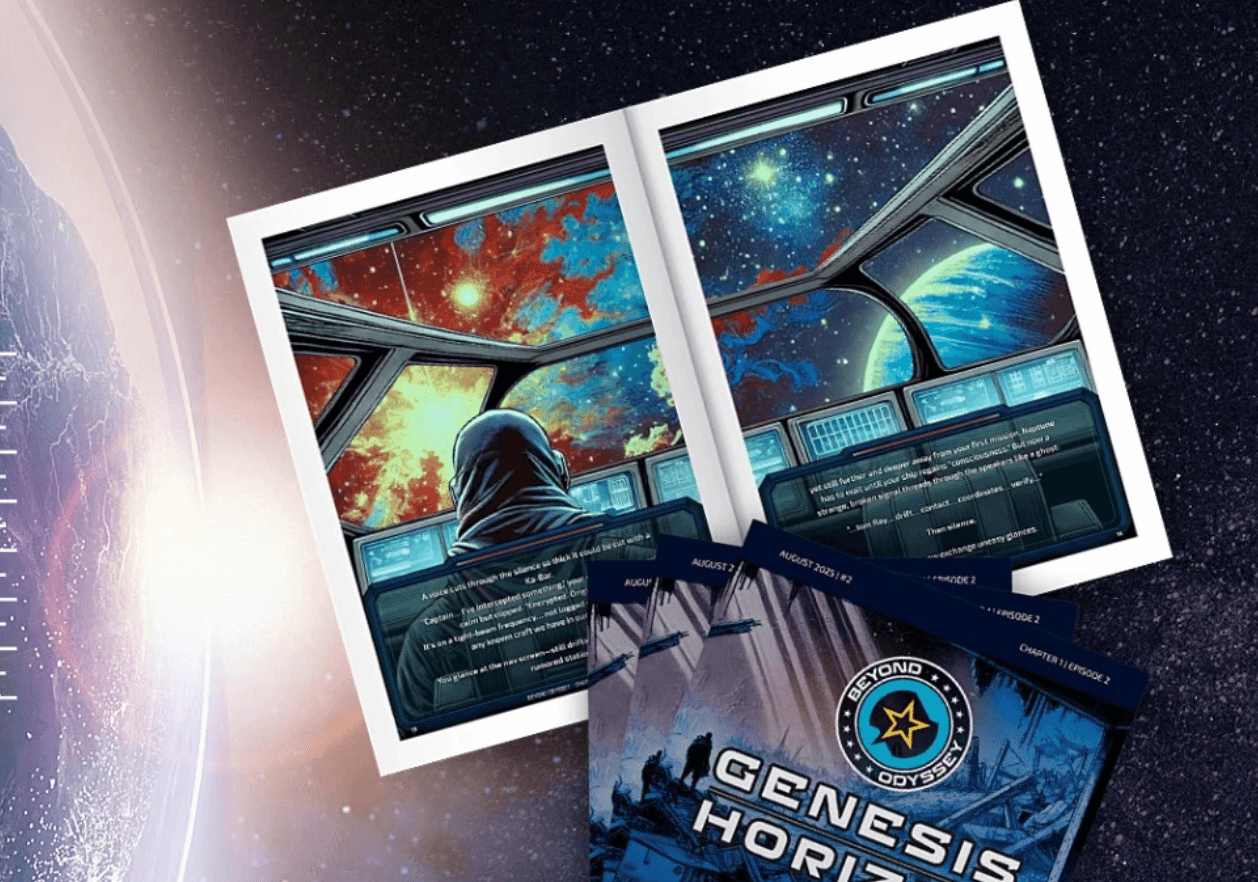 Graphic novel page spread showing person in a dark hooded outfit observes vibrant cosmic artwork through a futuristic cockpit window, with a focus on the colourful galaxy beyond, while a comic book titled "Genesis Horizons" lies in the foreground.