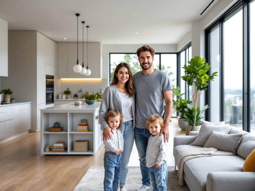 A family of four standing in their living room, smiling at the camera.