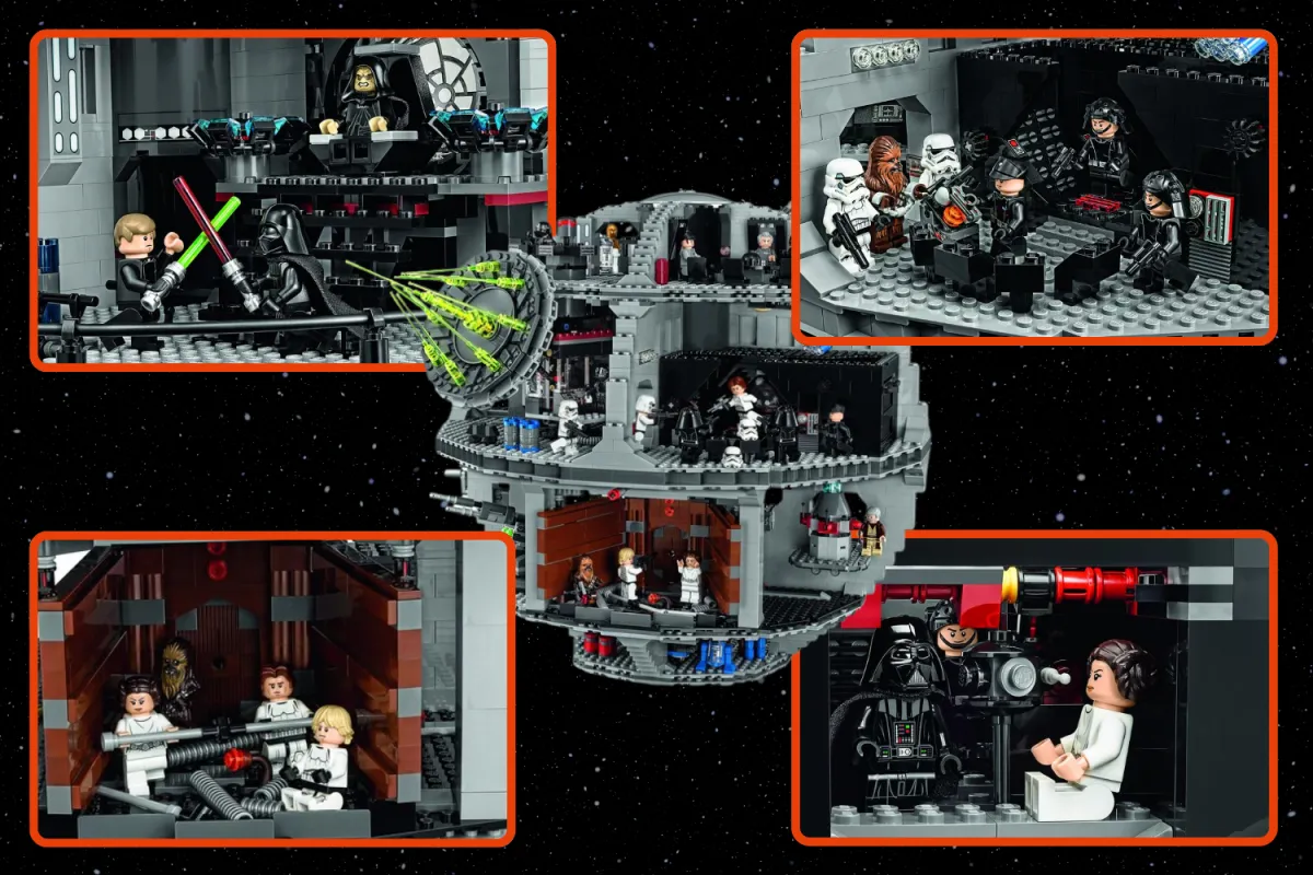 The LEGO Star Wars Death Star set, featuring multiple detailed rooms and iconic scenes from the original trilogy, including the throne room duel, trash compactor escape, detention block rescue, and interrogation of Princess Leia.