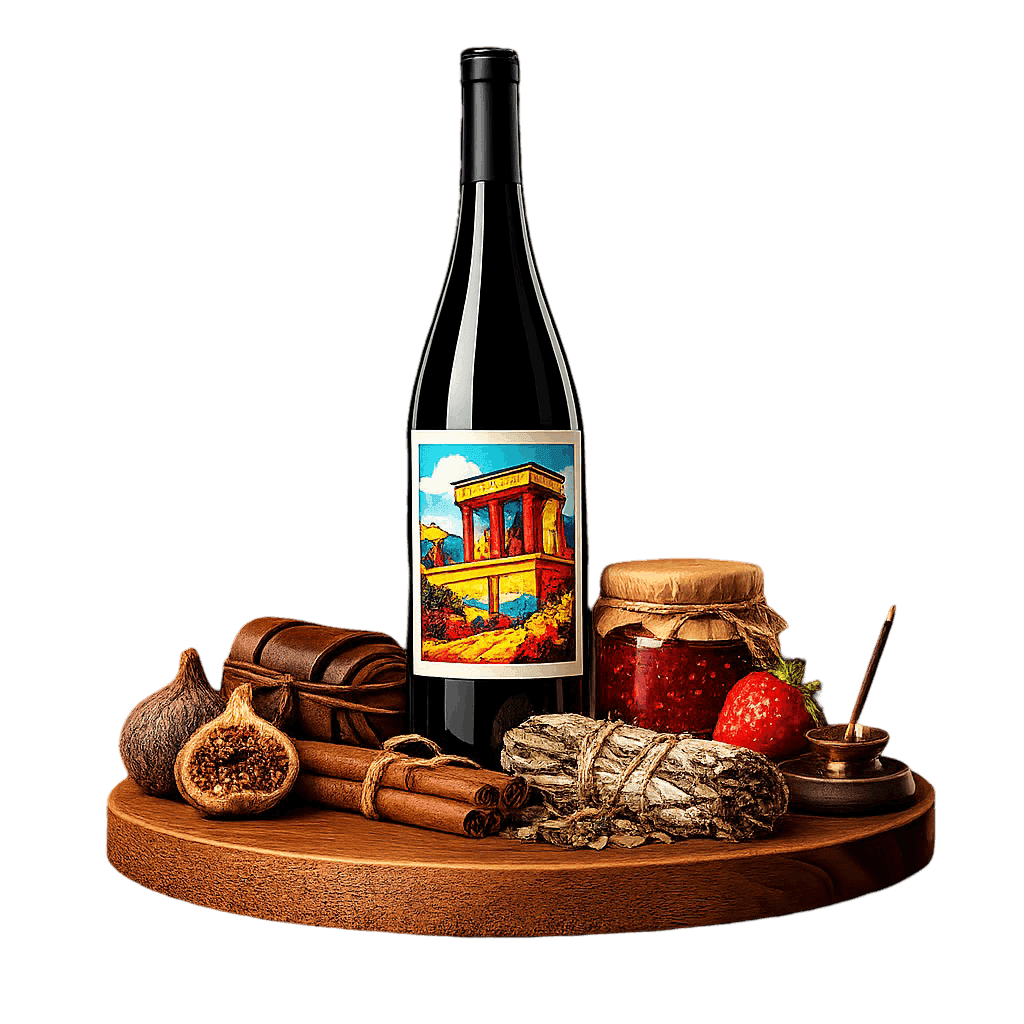 Artistic label and flavor profile for Crete Liatiko on a rustic wooden table.