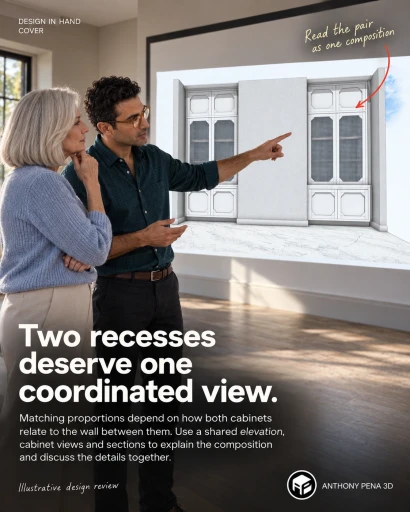 Illustrated review of a projected model showing paired tall white cabinets separated by a wall.