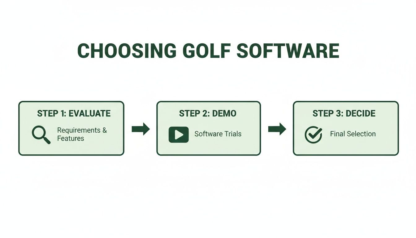 A three-step process for choosing golf software: evaluate requirements, demo trials, and decide.