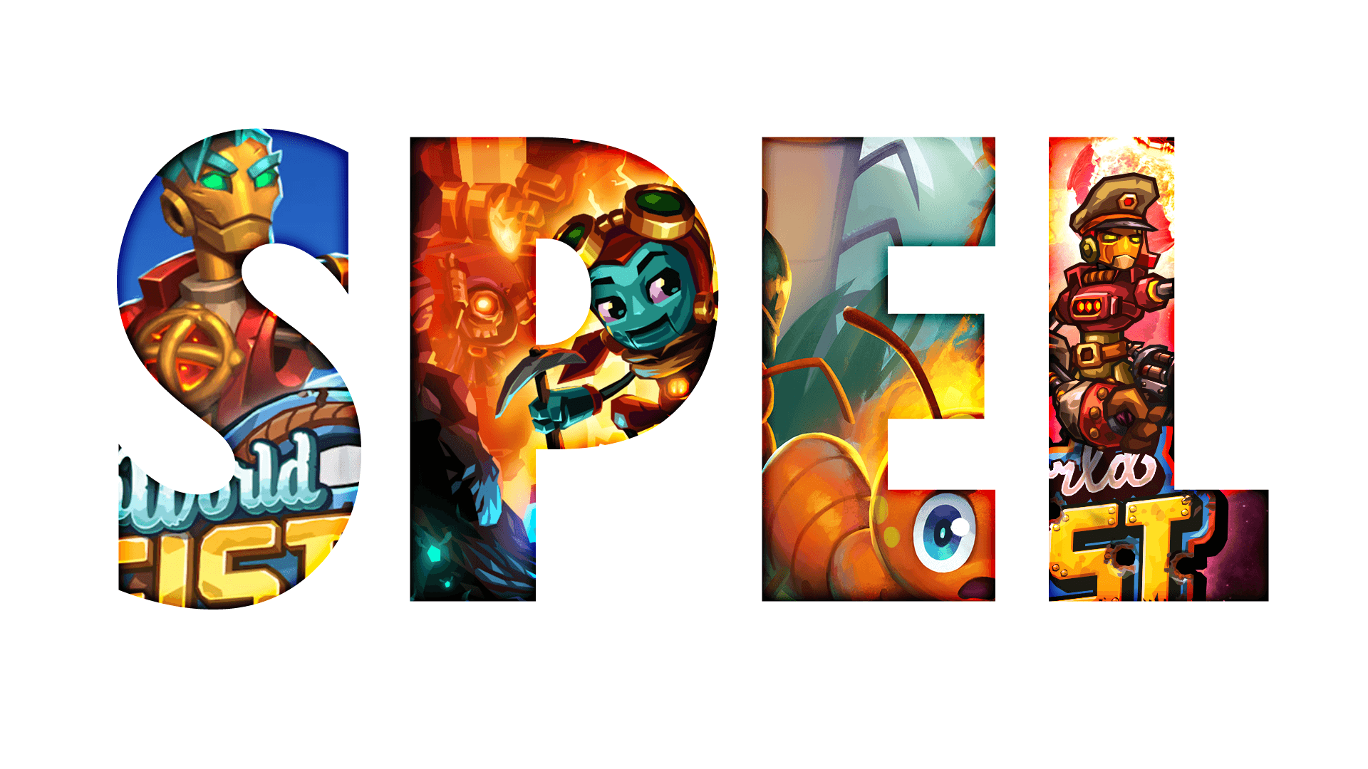 Bilden visar ordet "Spel" med karaktärer och miljöer från olika spel inramade i varje bokstav.
