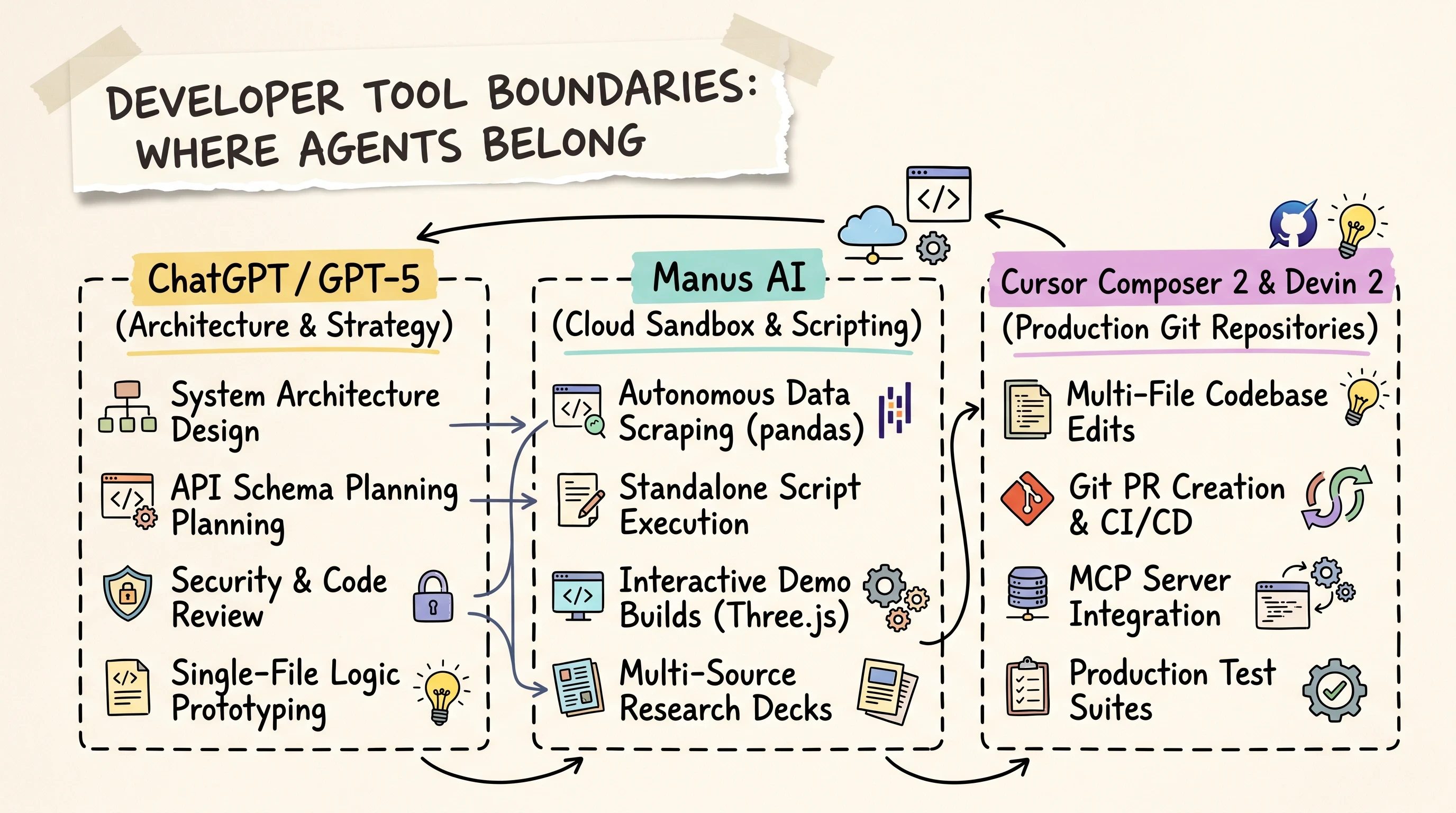 Scrapbook diagram mapping developer workflow boundaries between ChatGPT planning Manus cloud sandboxes and Cursor Devin production IDEs
