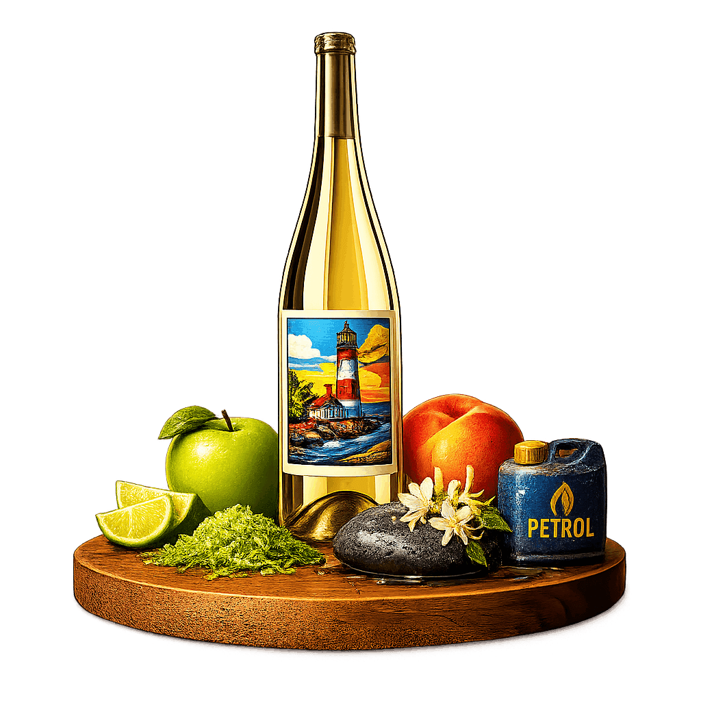 Artistic label and flavor profile for Michigan Riesling on a rustic wooden table.