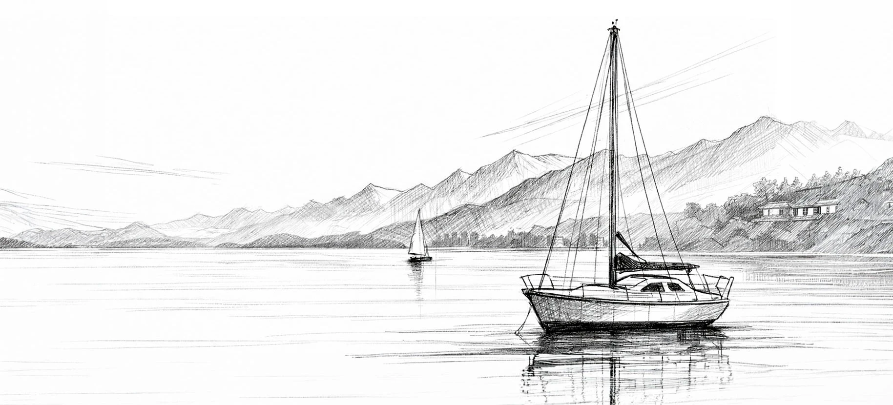 Sailboat sketch on calm water with distant sailboat and mountains. Minimalist lines and tranquil tone evoke a serene, peaceful atmosphere.