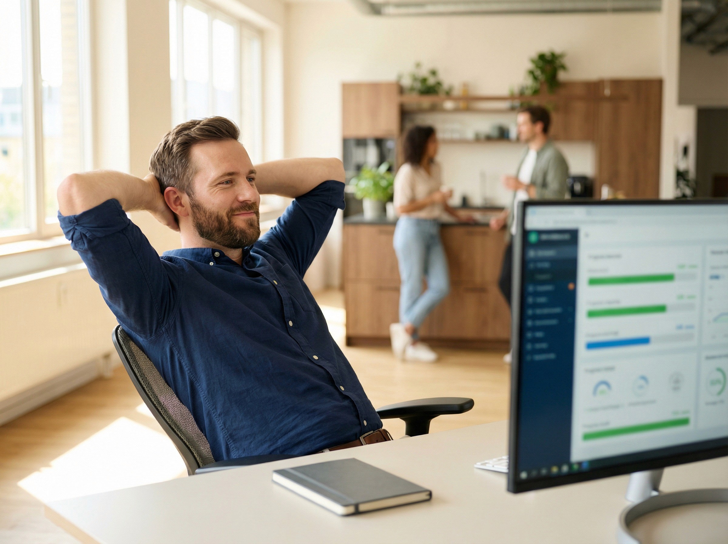 A people-and-culture manager in his mid-30s leaning back in his chair at a tidy desk in a bright, open-plan professional services office, hands behind his head, looking at a monitor with an expression of quiet satisfaction — the look of someone checking on a process that is running itself.