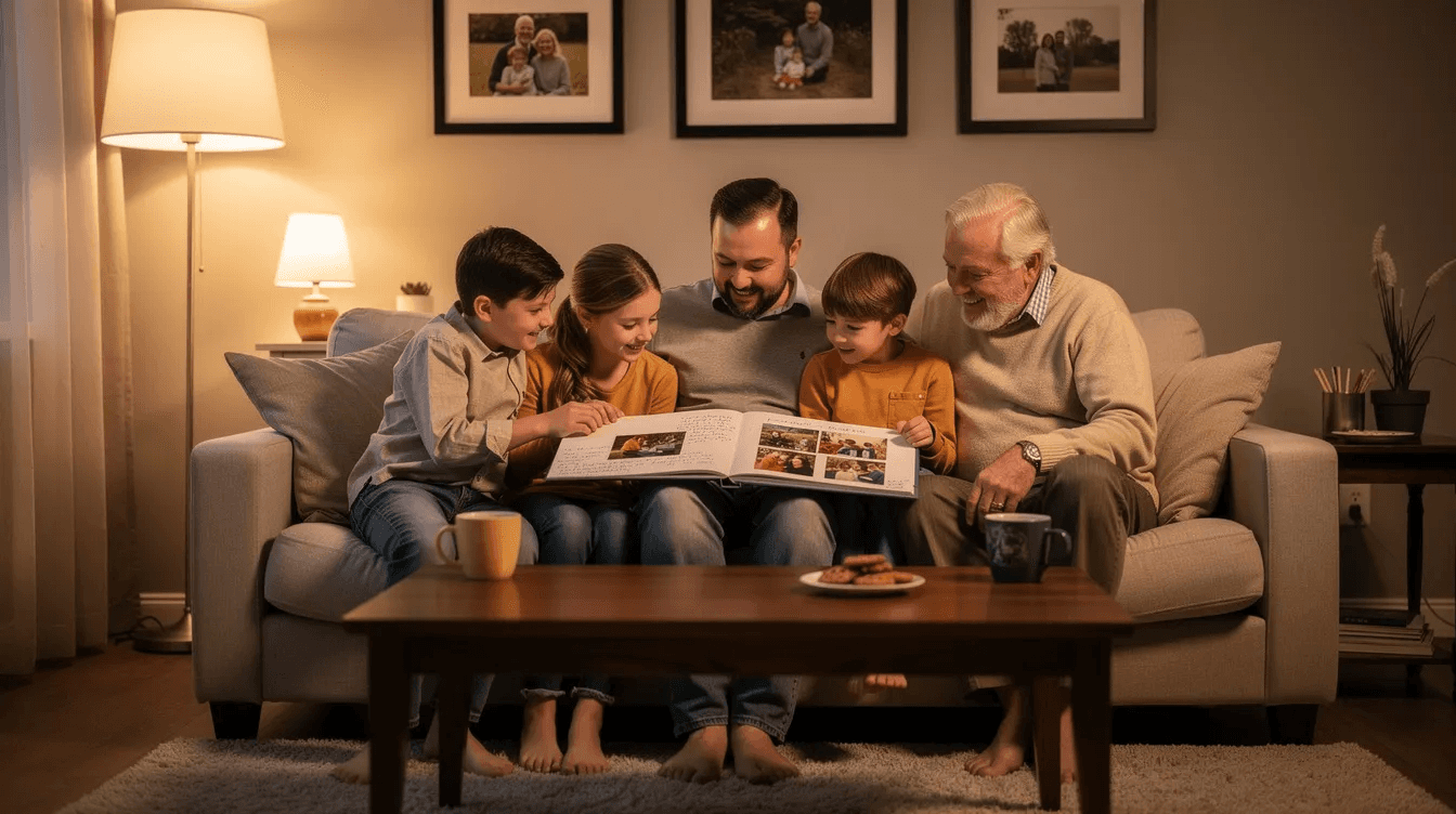 A family gathers in a cozy living room, flipping through a photo album filled with memories, symbolizing their shared values and family identity. This intimate moment reflects their commitment to creating a family mission statement that honors their history and guides their future generations.