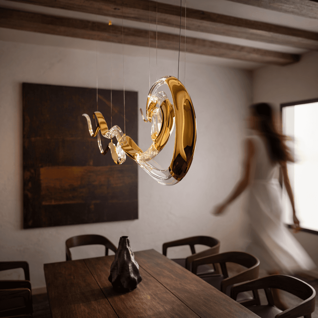 Luxury modern dining room interior featuring a sculptural gold and crystal chandelier in sharp focus, premium walnut dining table, designer wooden chairs, abstract wall art, and soft ambient lighting. Elegant contemporary home decor with motion-blurred woman in background creating a sophisticated high-end lifestyle atmosphere.