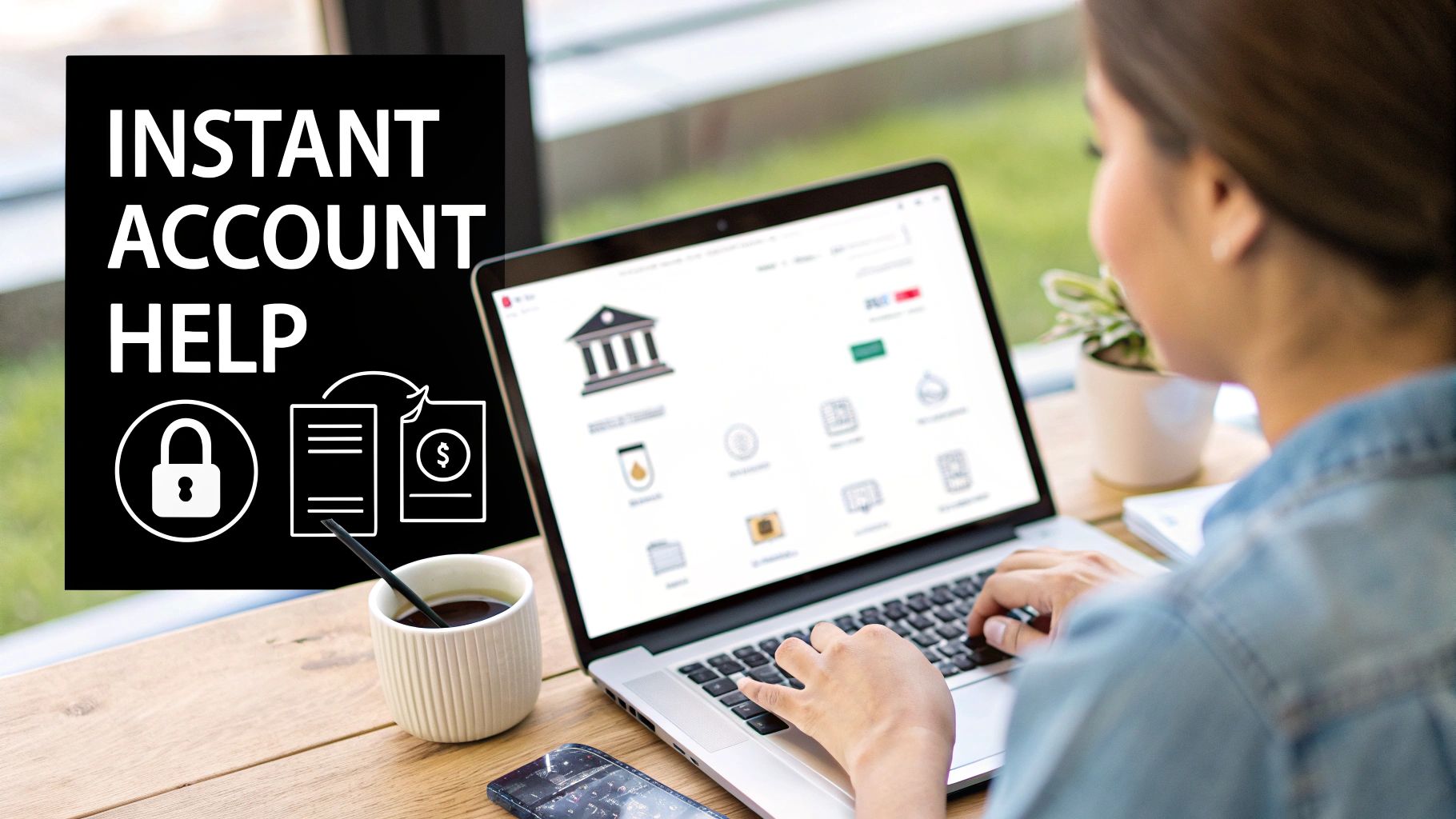 Woman using a laptop for instant account help, with icons for security, documents, and money transfer.