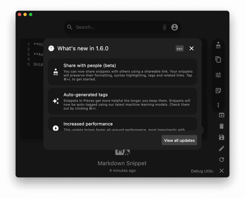 The "What's new in Pieces" dialog.