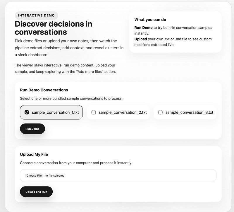 A web-based interface for the py-context-graph interactive demo. This conversation intelligence tool allows users to select sample logs or upload custom files to extract structured decision traces and visualize them within a queryable context graph.