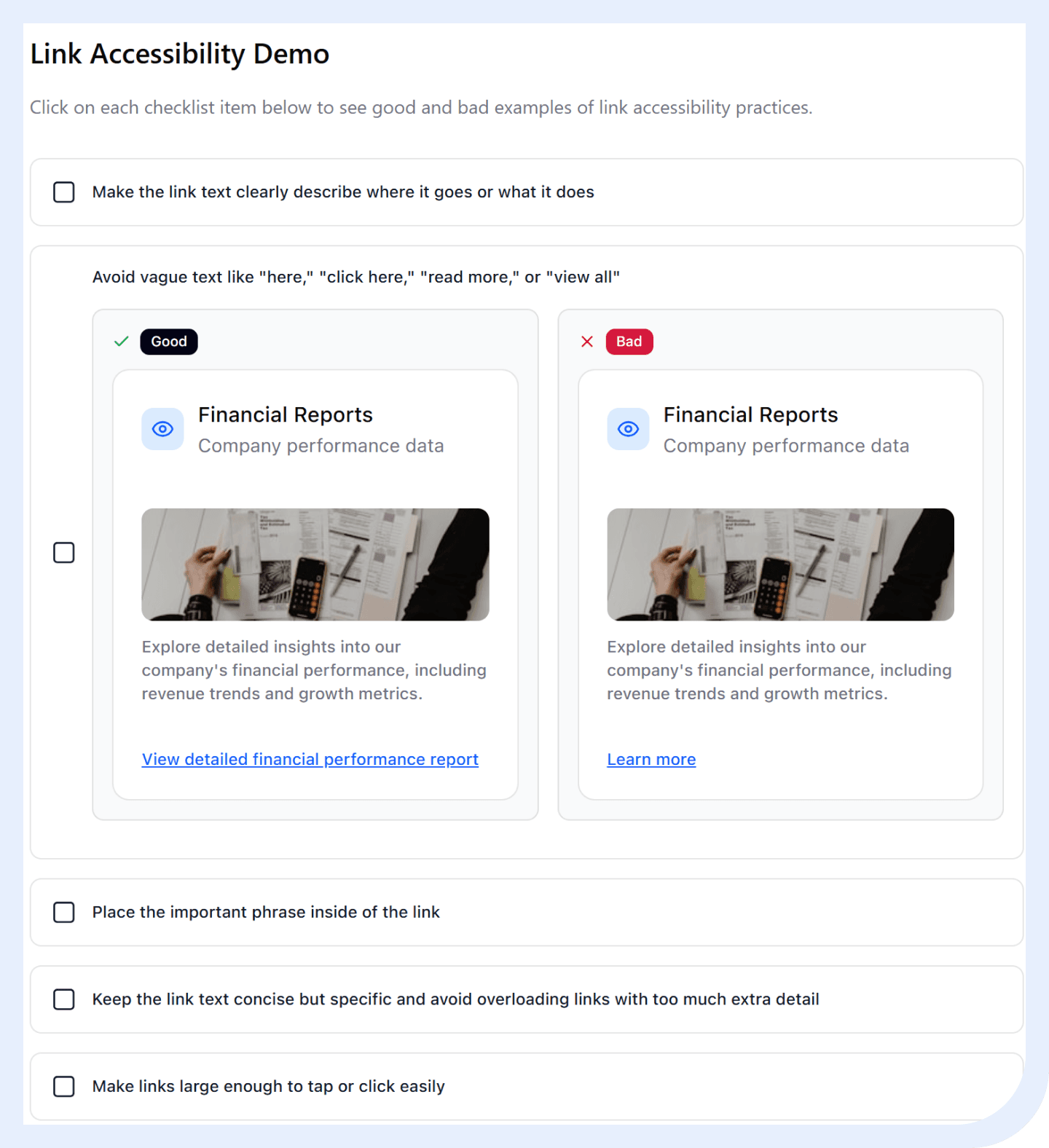 Demo page showing good vs bad link accessibility examples with proper fixes for each bad example.
