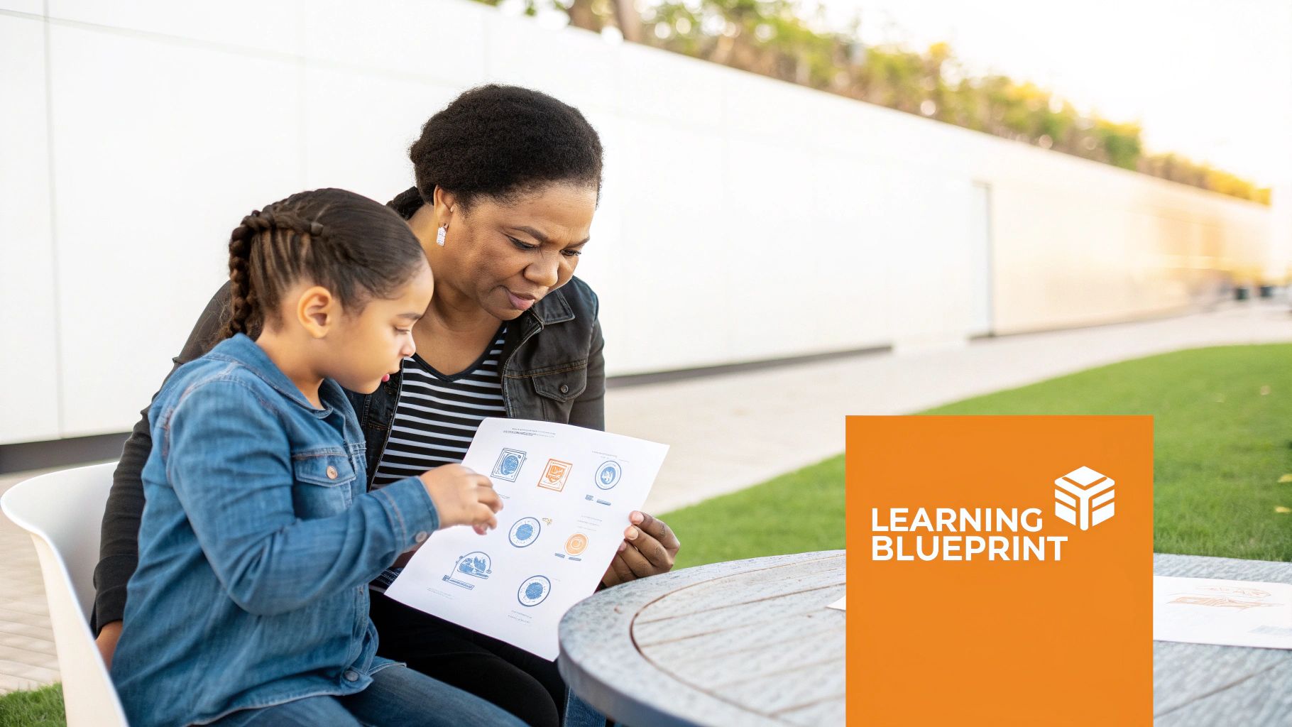 An adult woman and a young girl outdoors, engaged in a learning activity with a document.