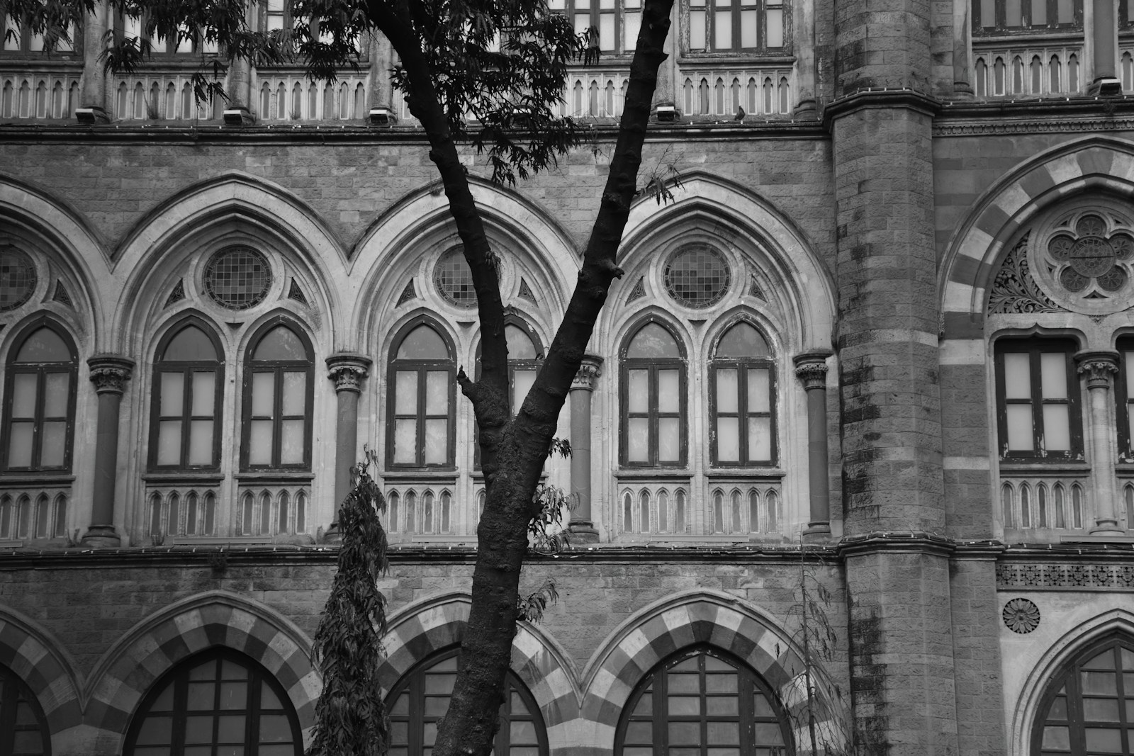Black-and-white historic building facade