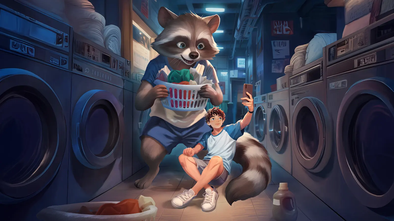 Selfie Boy with a giant raccoon at a laundromat