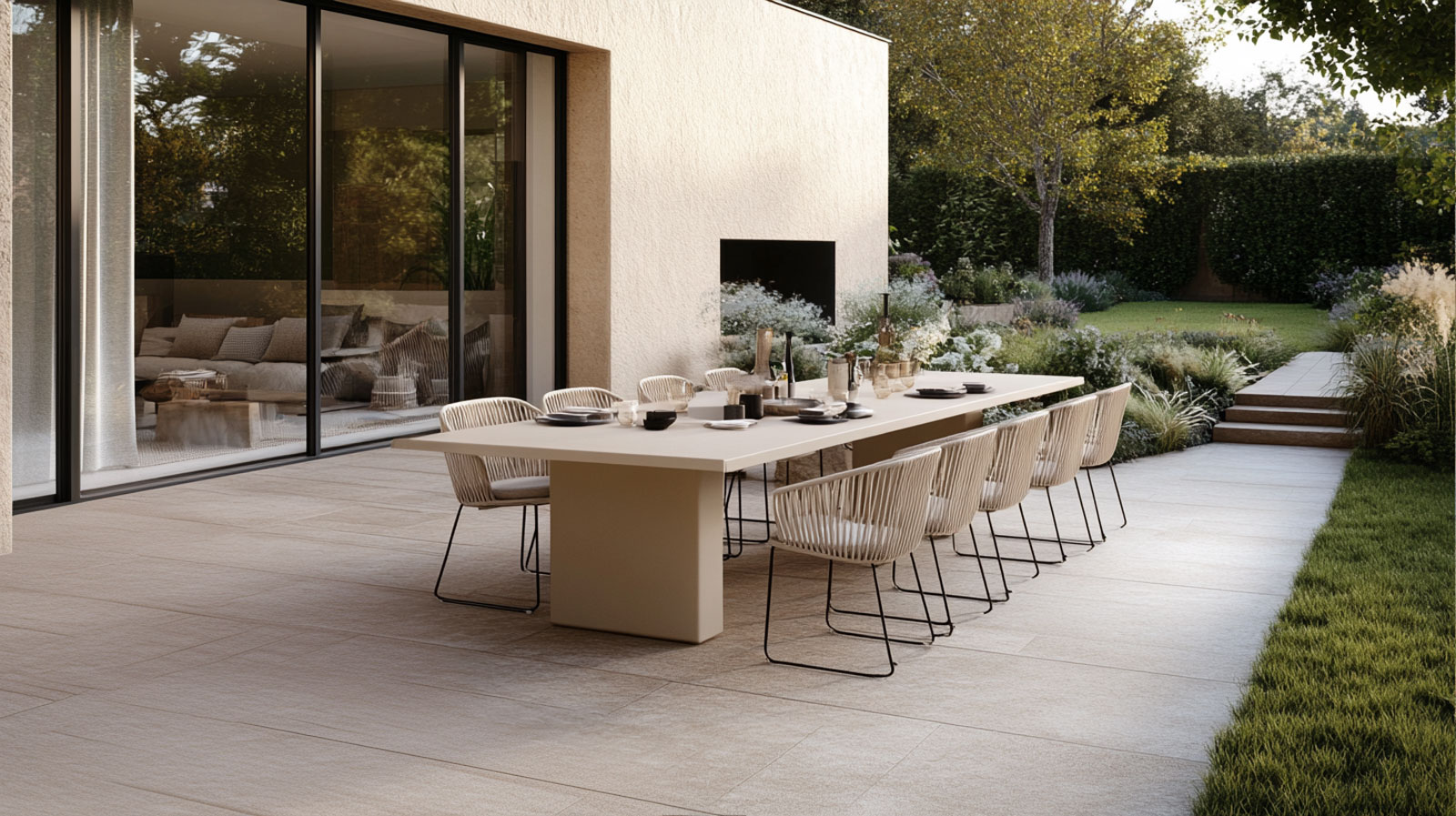 Ein moderner Essbereich im Freien, dargestellt in atemberaubendem 3D, mit einem langen beigen Tisch und zehn weißen Stühlen auf einer großzügigen Terrasse neben großen Glastüren; Gartenpflanzen und Bäume umgeben den Bereich.