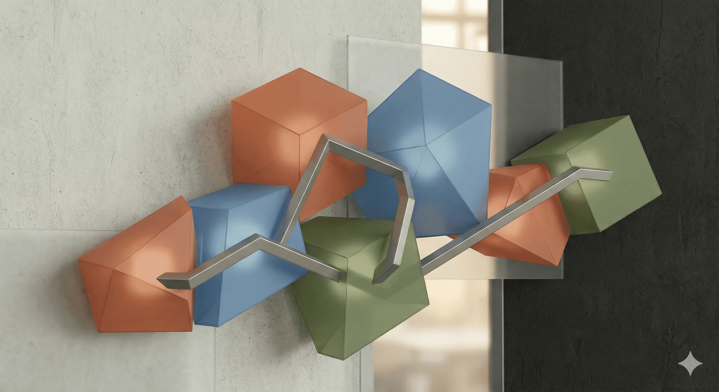An abstract wall sculpture featuring geometric shapes in orange, blue, and green with intersecting metallic lines is mounted against a neutral background, creating a modern and artistic display at Anthropic Labs.