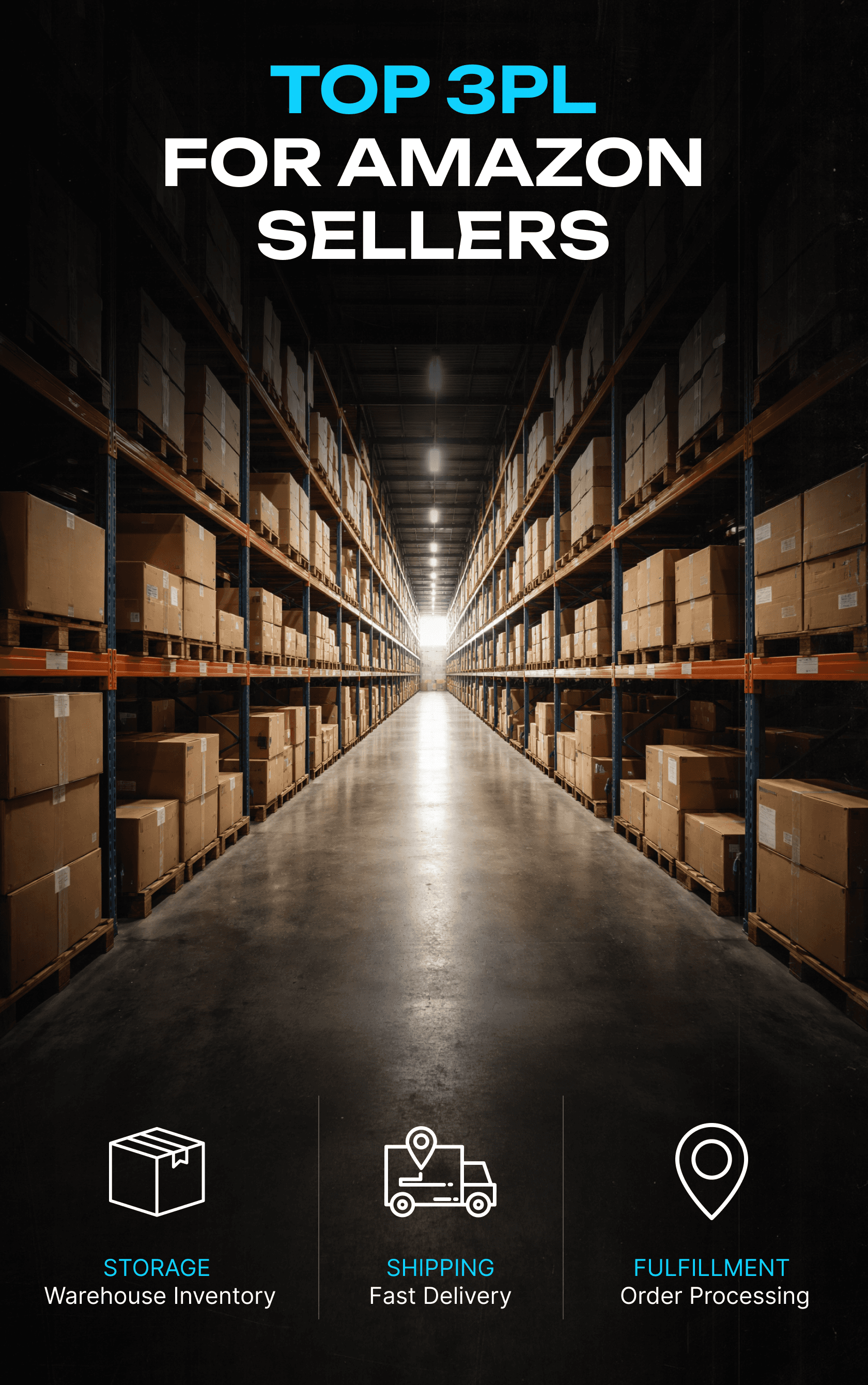 Warehouse worker in a safety vest handling 3PL Amazon Seller Fulfilled boxes in a large fulfillment center