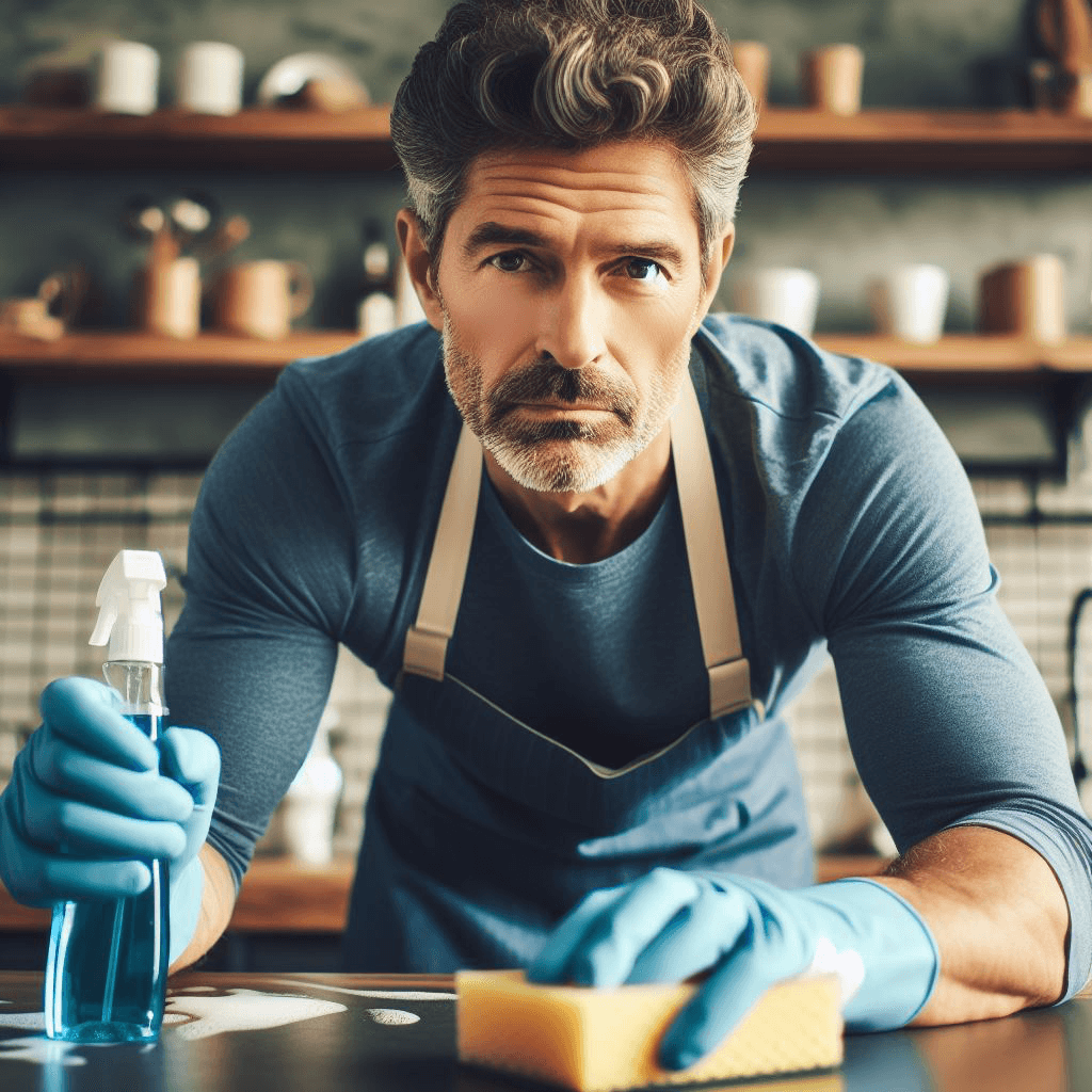 good looking middle aged man scrubbing counter