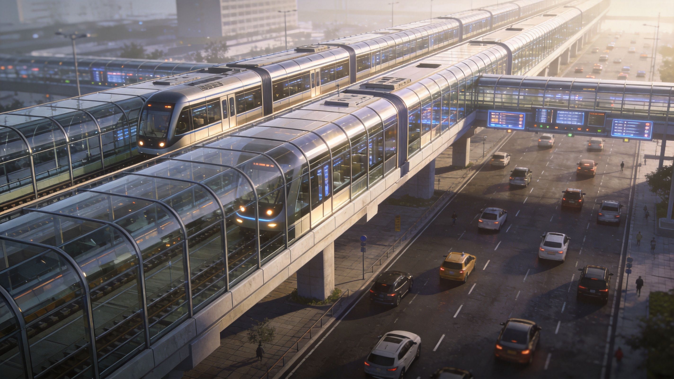 A modern elevated glass train track running above a busy highway with many commuting cars and digital signage.